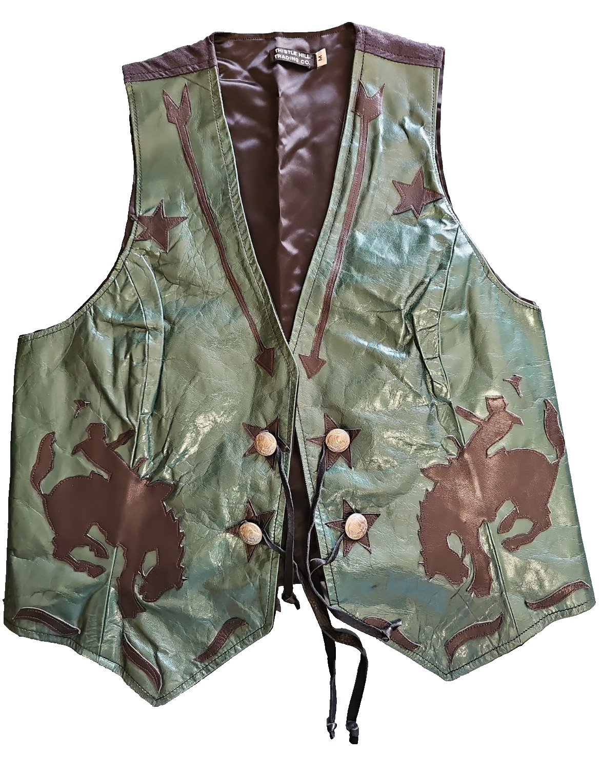 Thistle Hills Leather Vest Men’s M Handmade Montana Green Bronc Buffalo Button