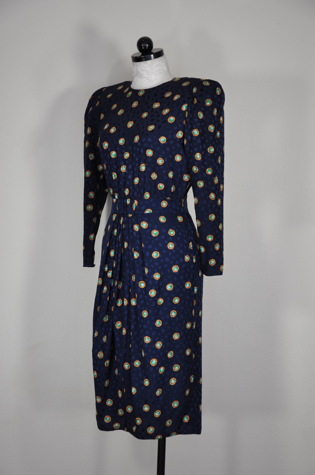 80s Vintage Navy Blue Silk Gemstone Print Puff Sleeve Back Buttons Dress Women S