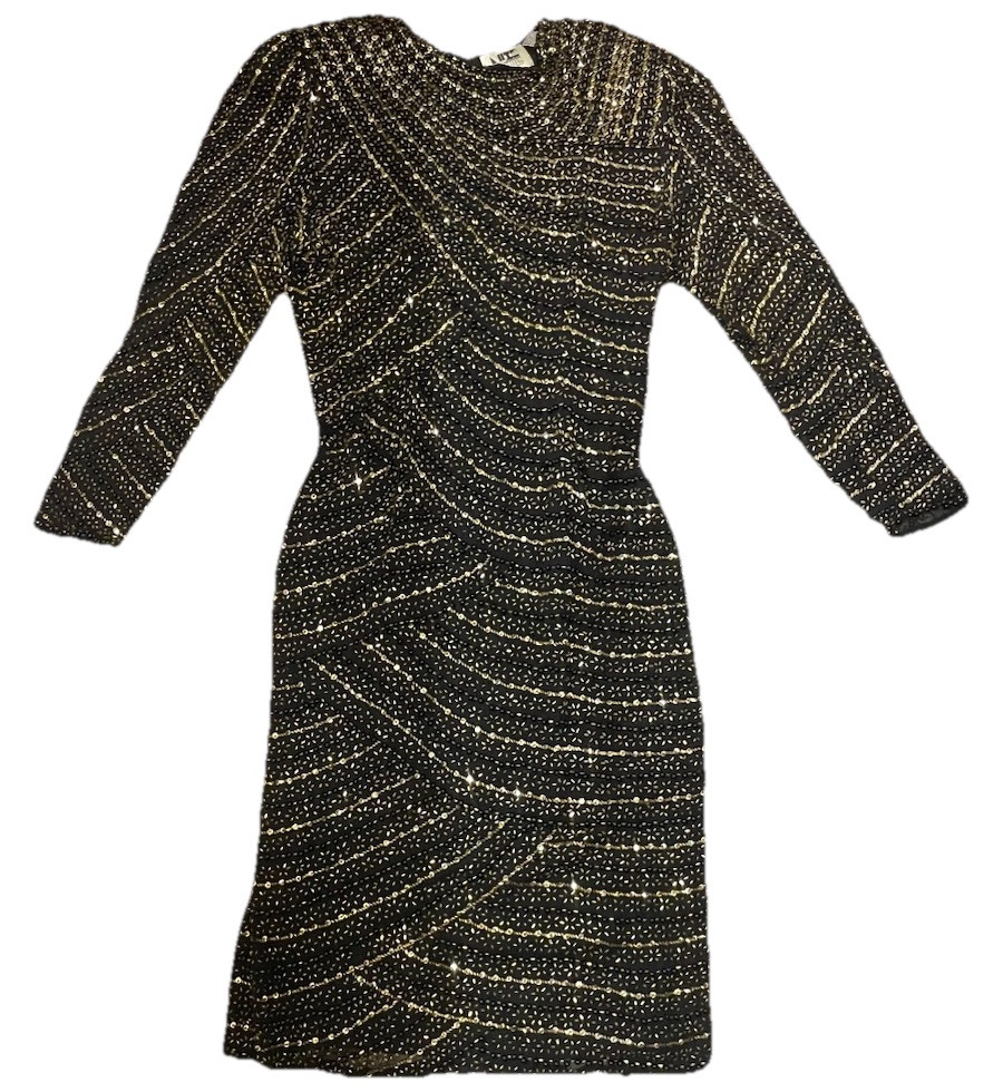 Vintage 80s Niteline Dress Black Gold All Over Beaded 100% Silk 12 Mob Wife Glam