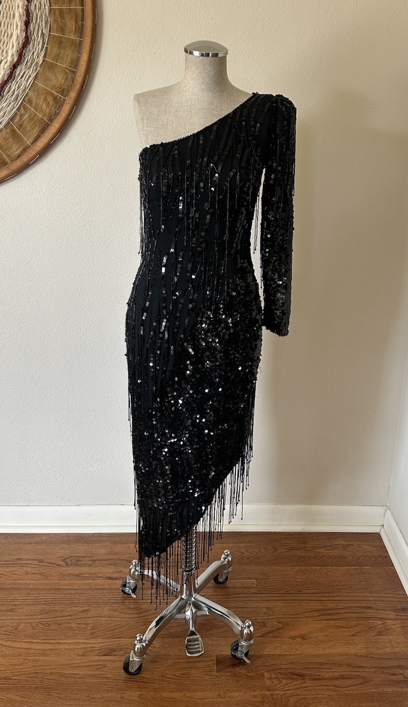 Vintage 90s Nite Line Black One Shoulder Beaded Fringe Cocktail Dress Women’s M
