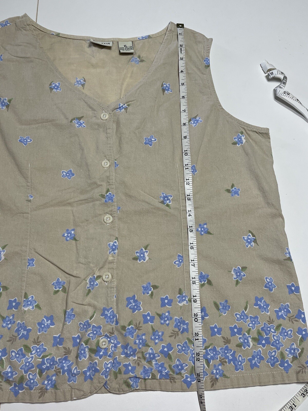 Vintage 90s Classic Elements Beige & Blue Floral Button Up Shirt Tank