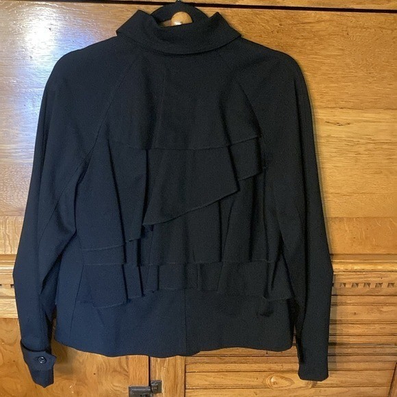 90s Vintage Preppy Katherine Barclay Black Double Breasted Ruffle Back Peacoat M