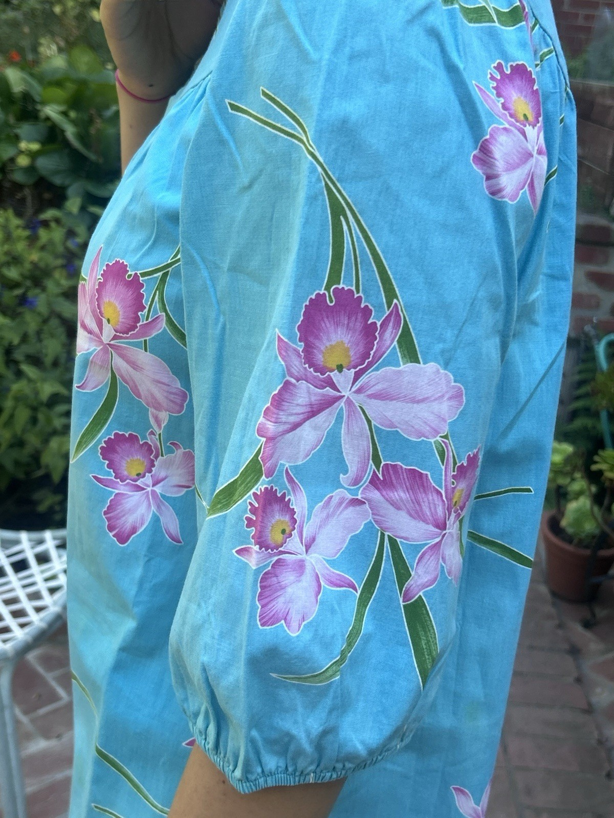 Vintage 70s 80s Nani Honolulu S Mumu Kaftan USA Orchids Turquoise