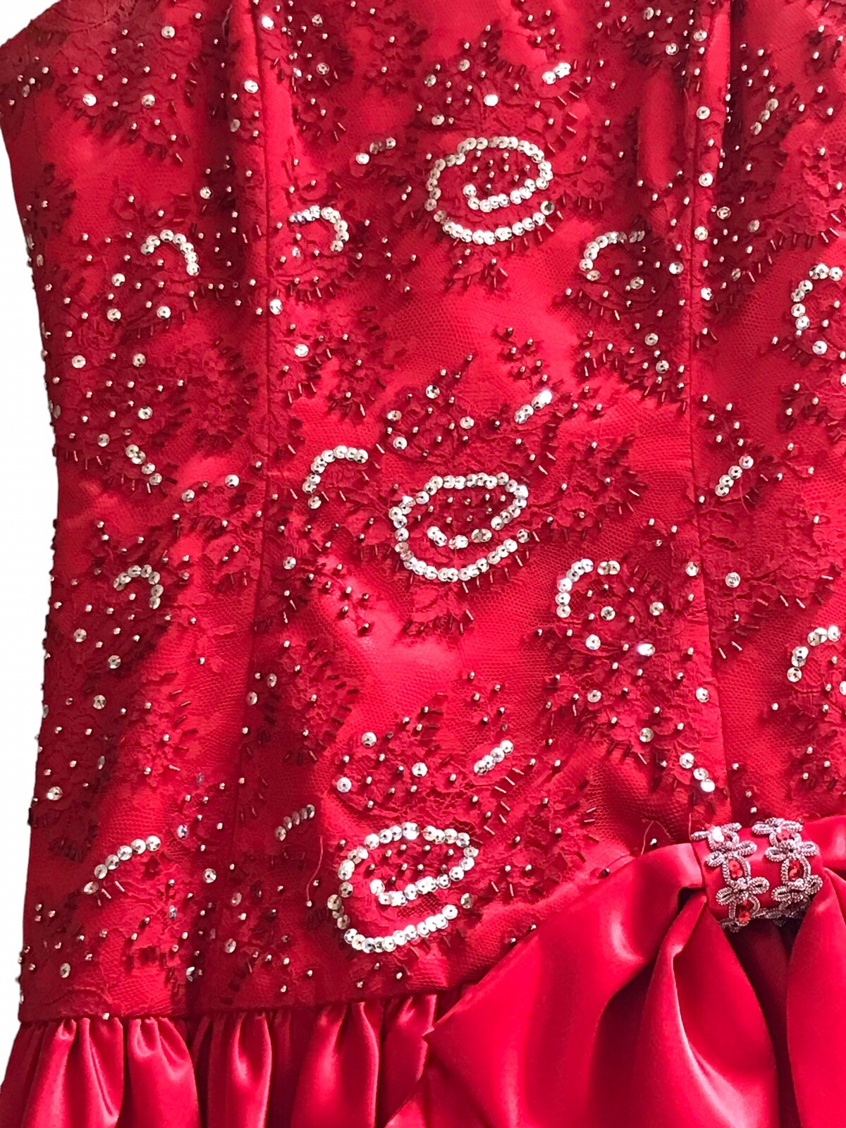 Vintage 90s Custom Handmade Red Satin Prom Evening Dress With Beads Sequin
