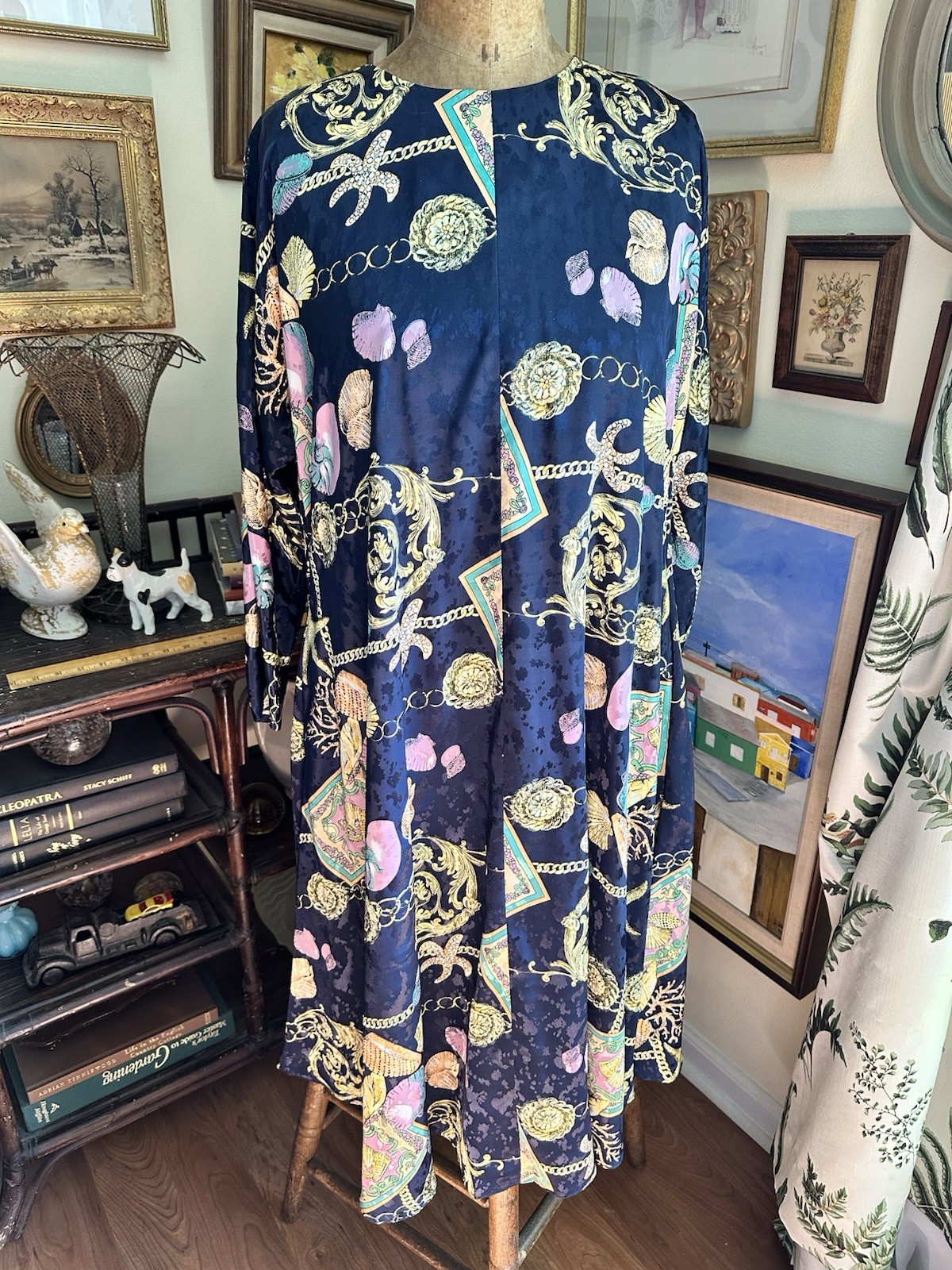 VTG Dolman Sleeve Dress Navy Shell Print W Pockets Size XL USA Made Handmade