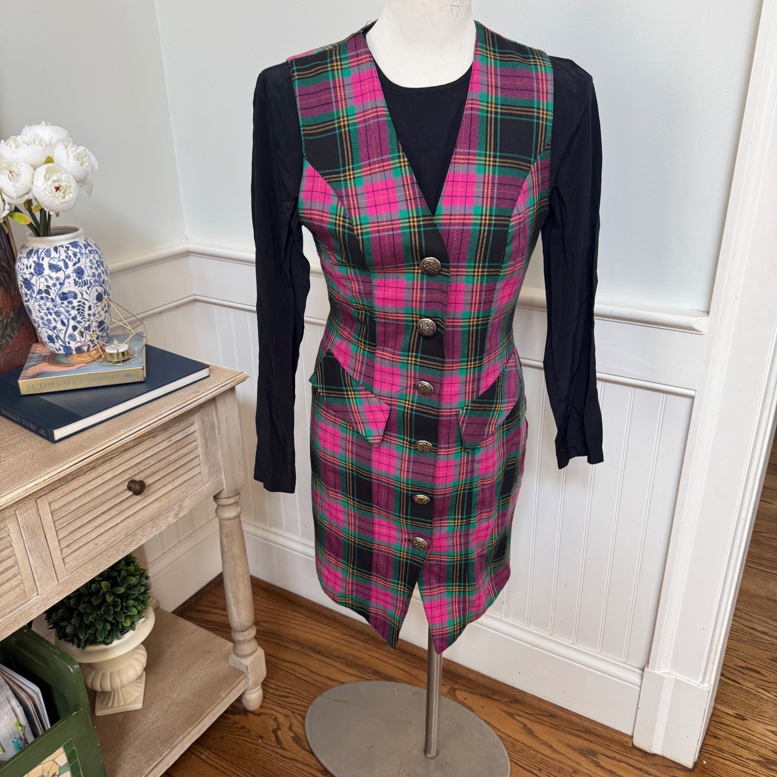 Brioche California Vintage 90s Plaid Jumper Dress and Blouse Set Pink Green 3/4