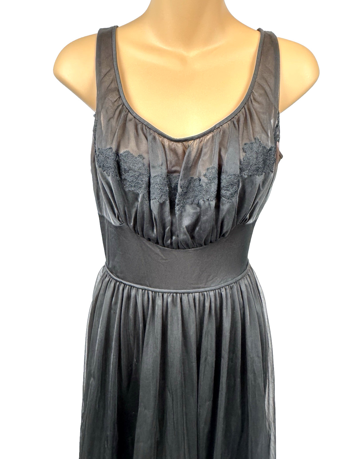 Vintage Shadowline Nylon Nightgown Black Size 34 Lace Empire Waist Tie Back