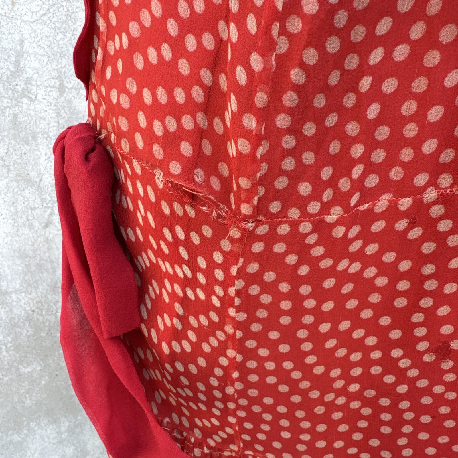 Antique 1920s Red Silk Chiffon Dress Polka Dot Asymmetrical Bow Marjone Vintage