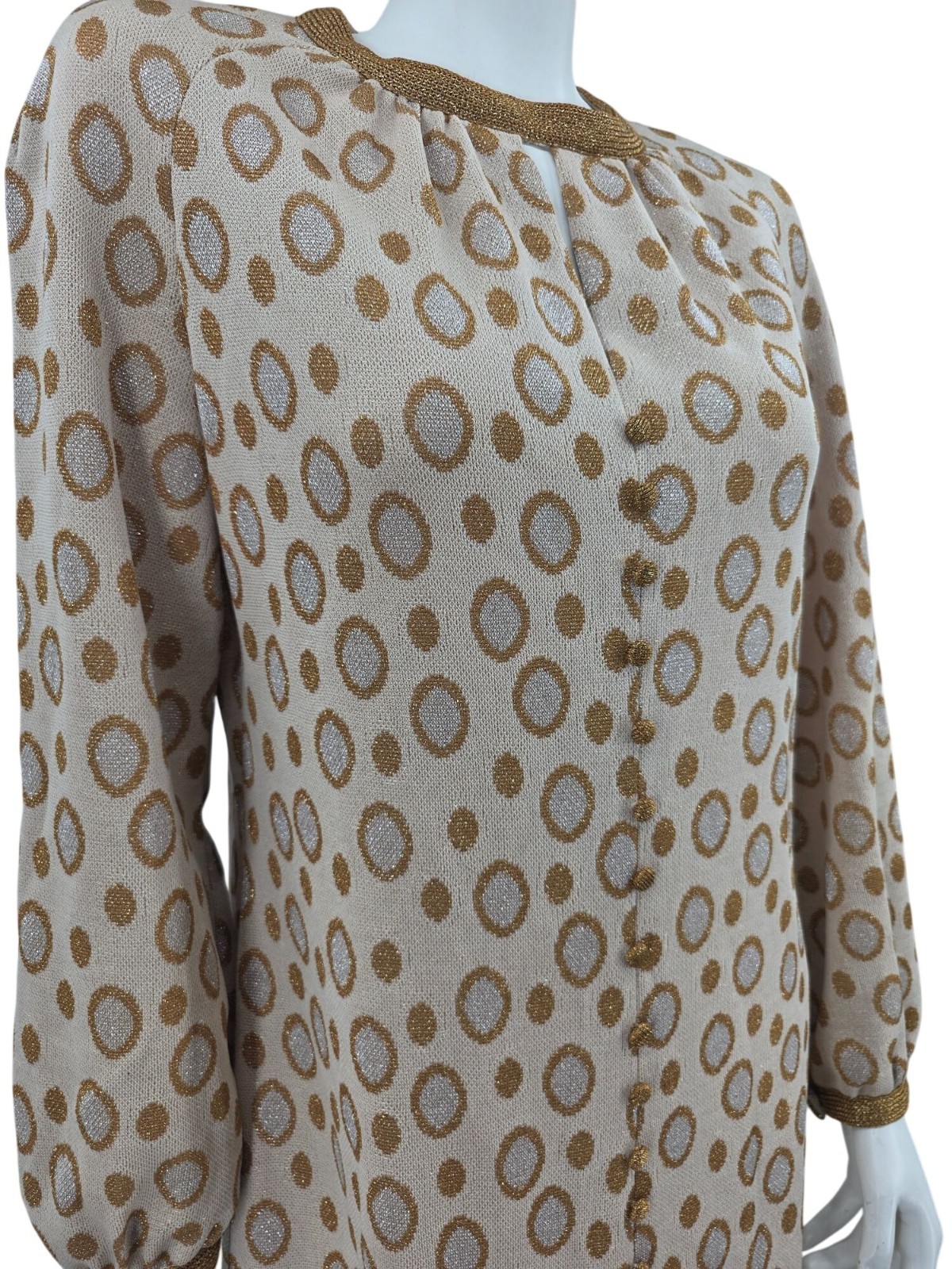 Vintage Tannel Knits „Trevira Era” Gold Metallic Polka Dot Dress Women’s 10