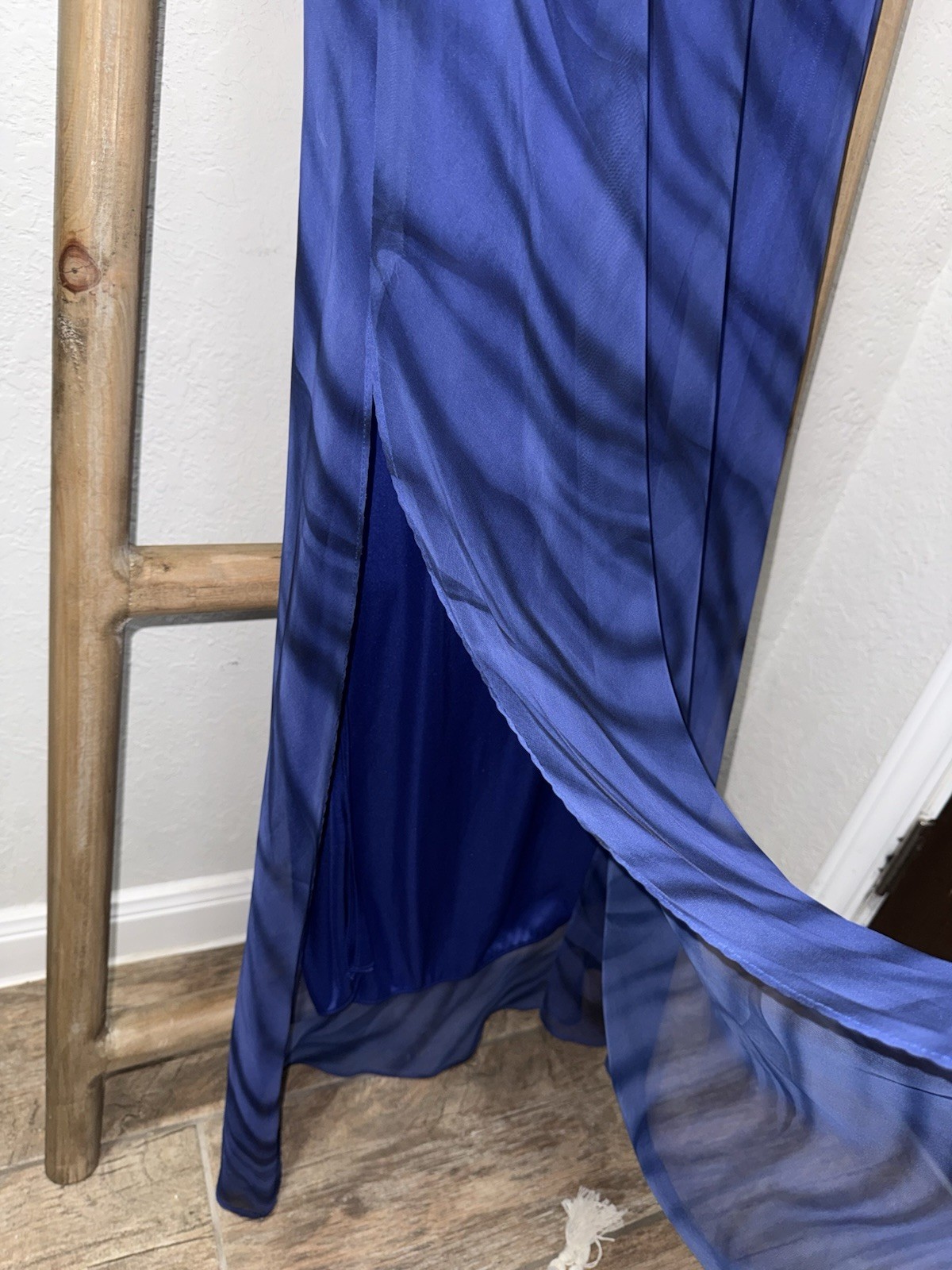 Vintage Y2K Niki Livas Tiger Mesh Maxi Dress Blue Slit Lace Up Back Size 10
