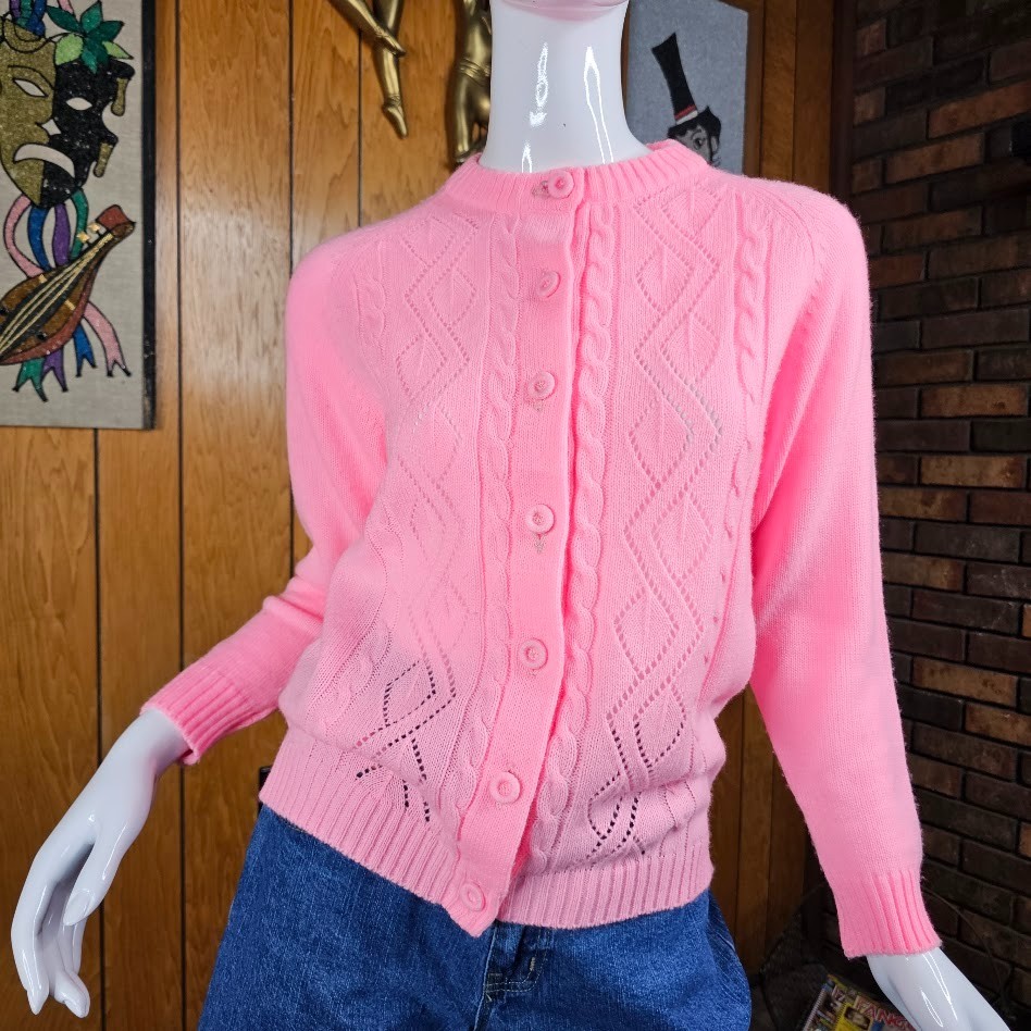 Vtg 60s Bubblegum Pink Grannycore Mod Pointelle Cable Knit Cardigan Sweater S/M