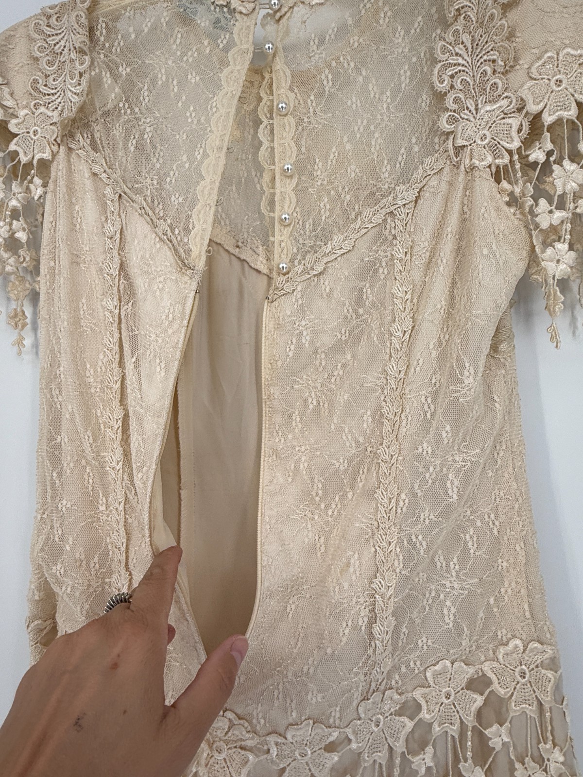 Vintage Ivory Lace Satin Midi Dress Cottagecore Victorian Prairie Romantic Fairy