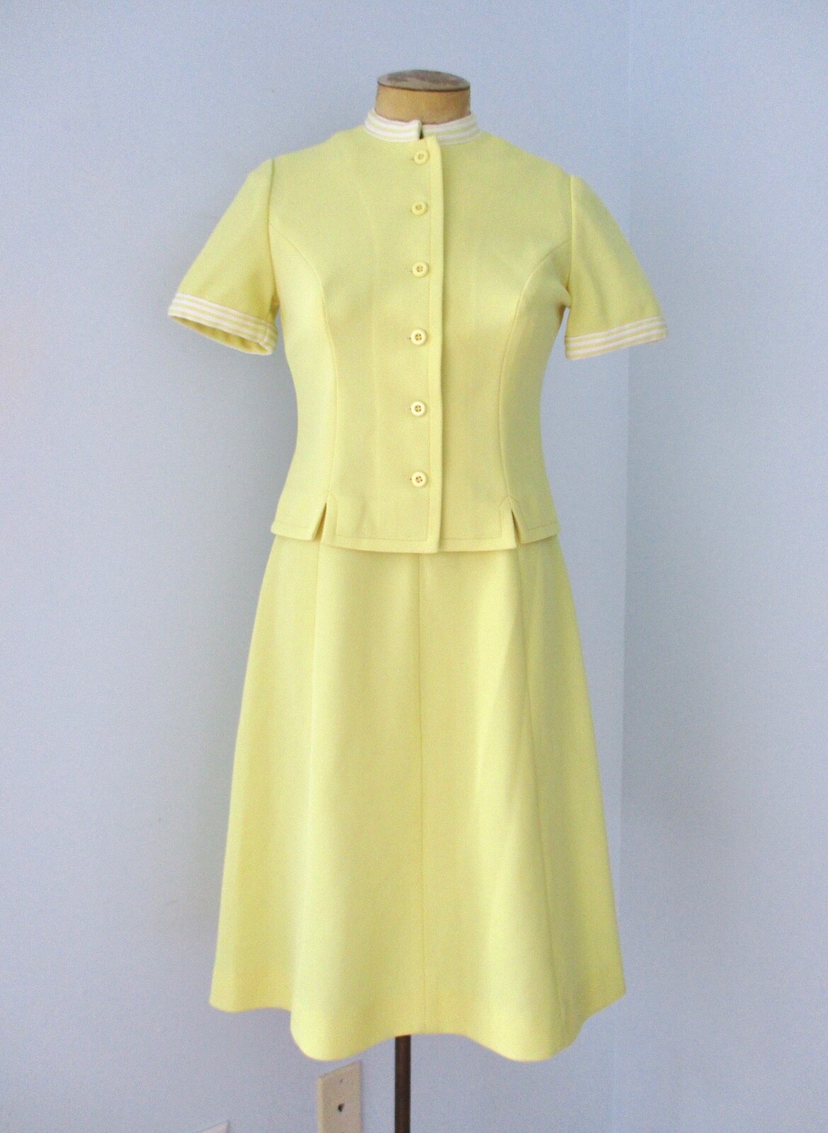 Vtg 70s Leslie Fay Yellow 2-Pc Fit Flare Ringer Dress Jacket Secretary Suit S/M