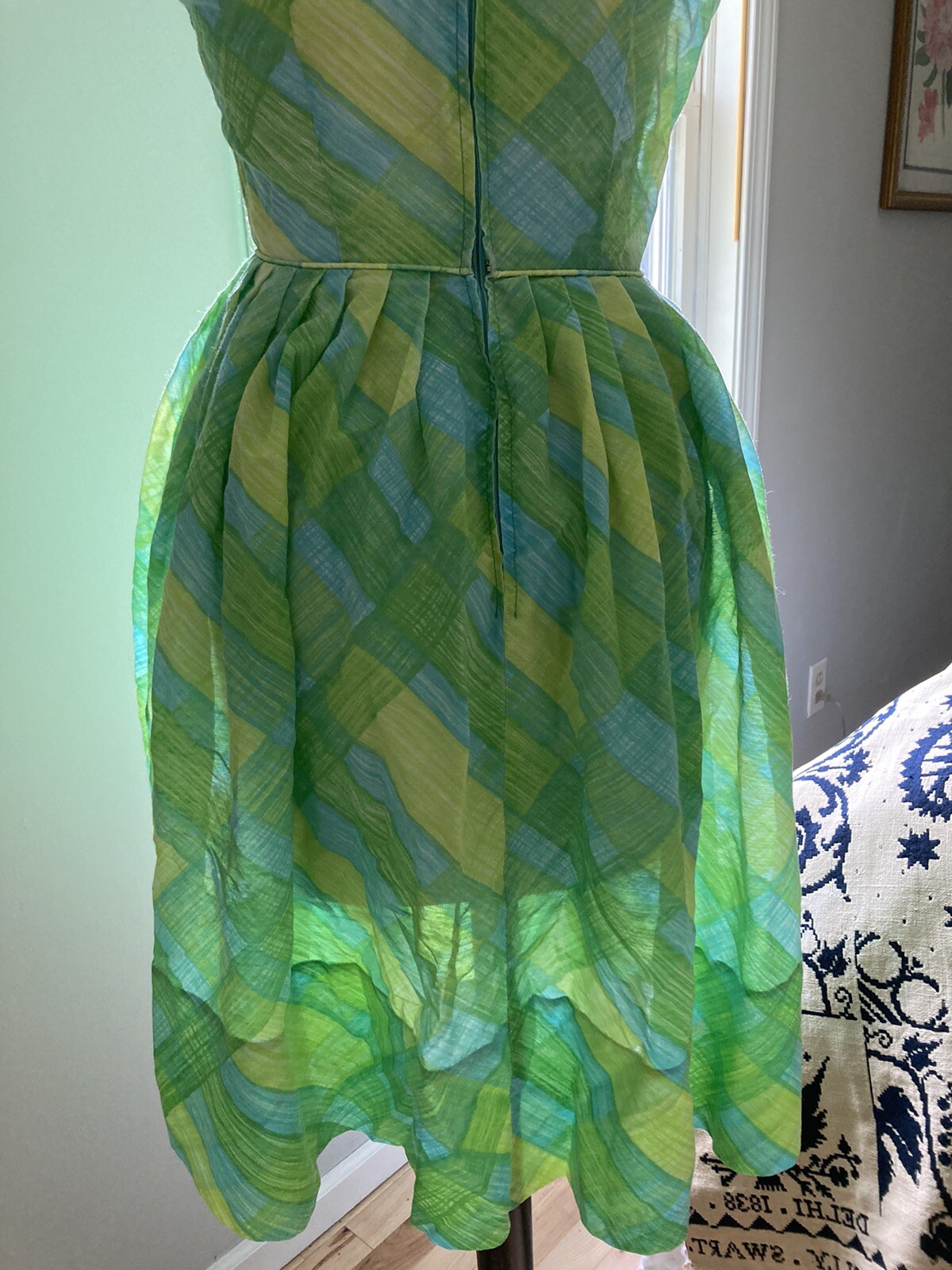 Vintage 1950s 60s Gay Gibson fit & flare Sheer lemon lime plaid Dress xs-s