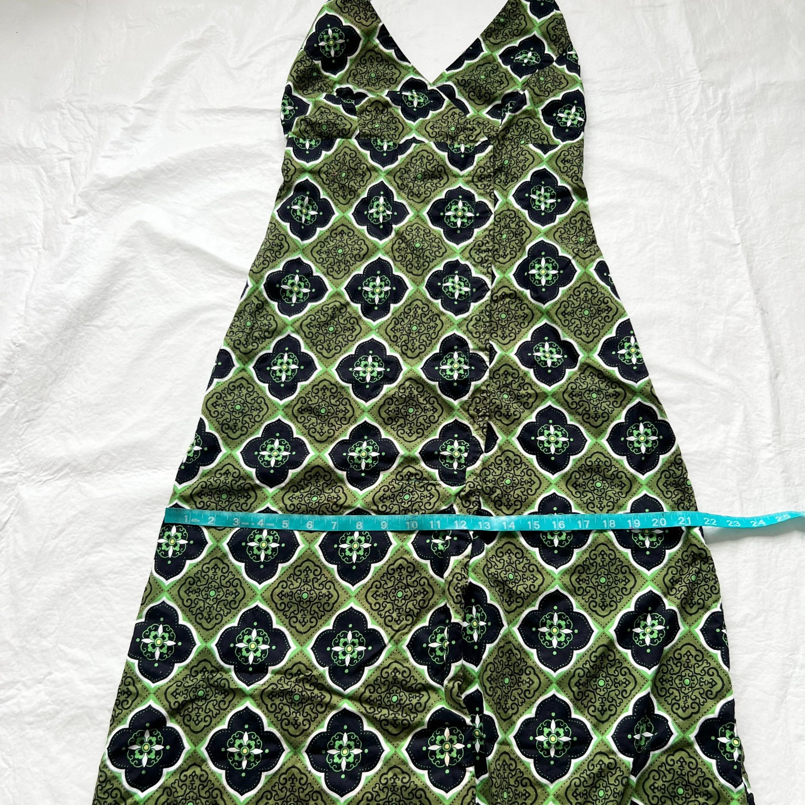 Vintage homemade dress halter neck maxi green black floral sleeveless size 6