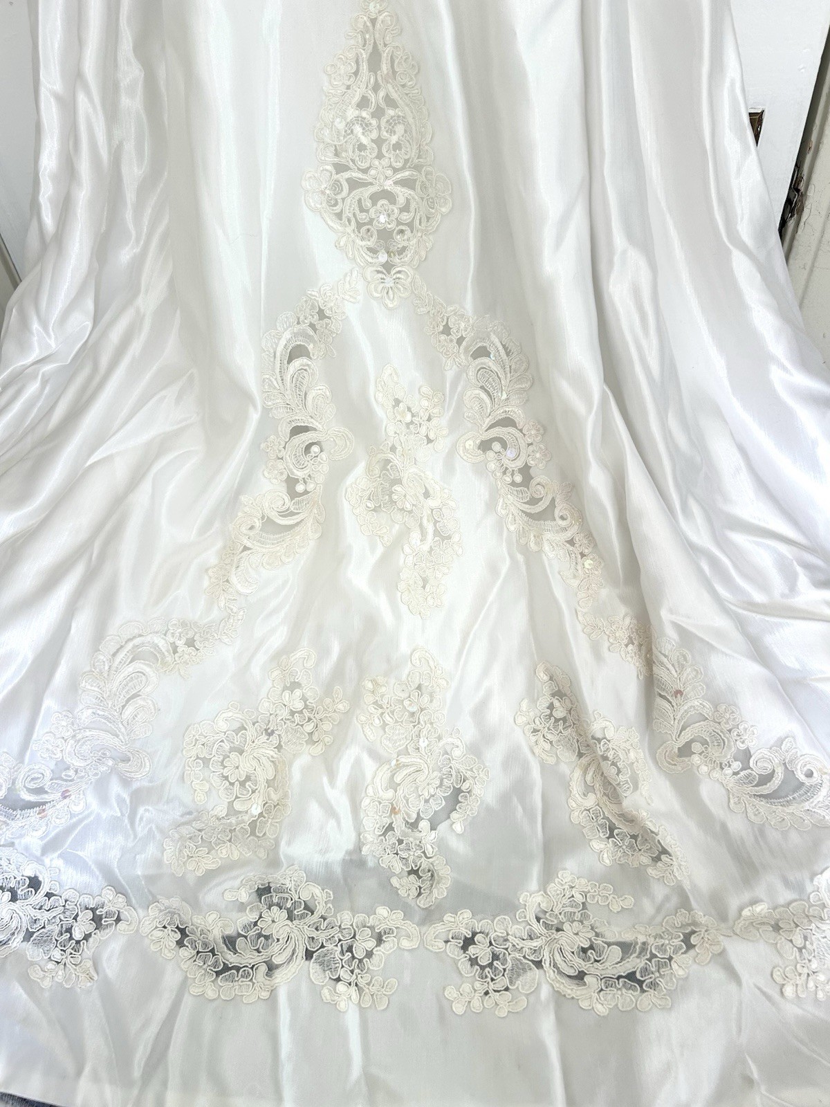 Vintage 1980s White Satin Beaded Wedding Gown & Floral Veil Crown Set Size s