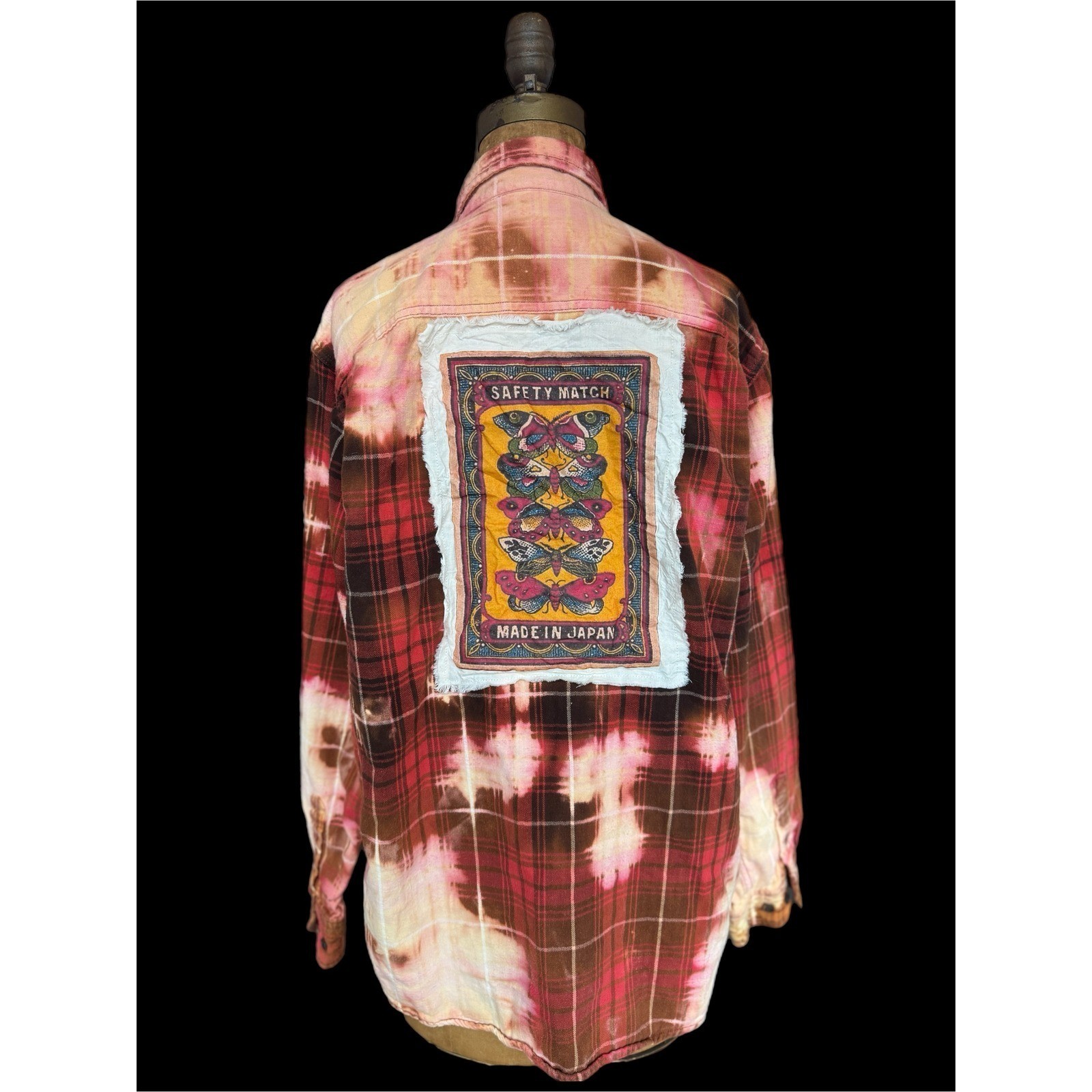 Vintage Butterfly Patch Bleached Flannel Shirt Upcycled Cotton Size Large