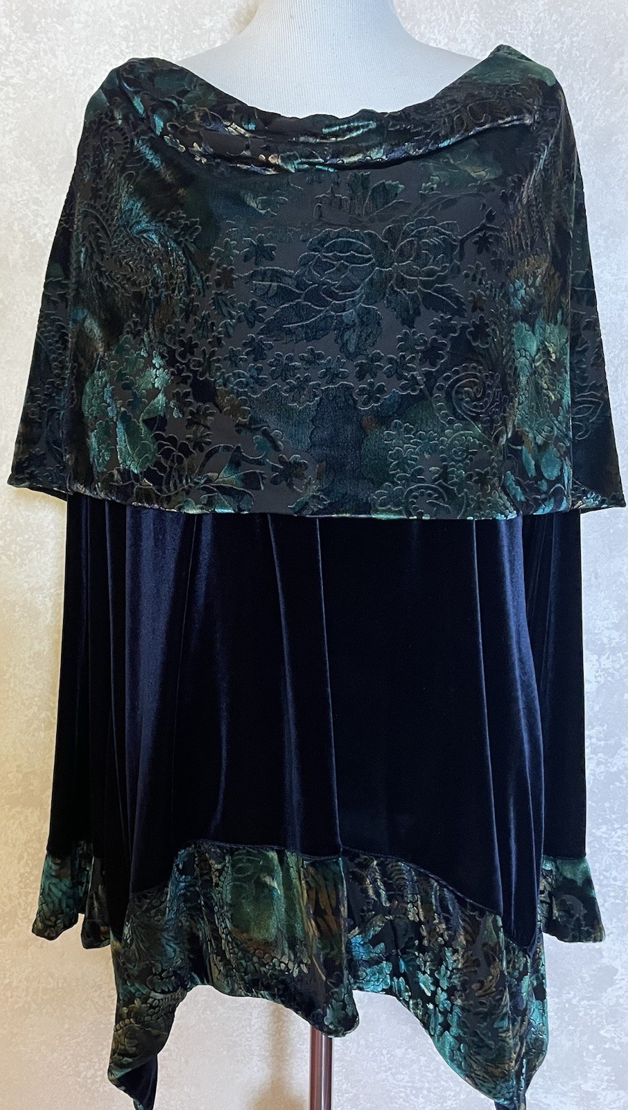Vintage 70s Velvet Tunic Drape Blouse 3X Navy Iridescent Floral Green Classic