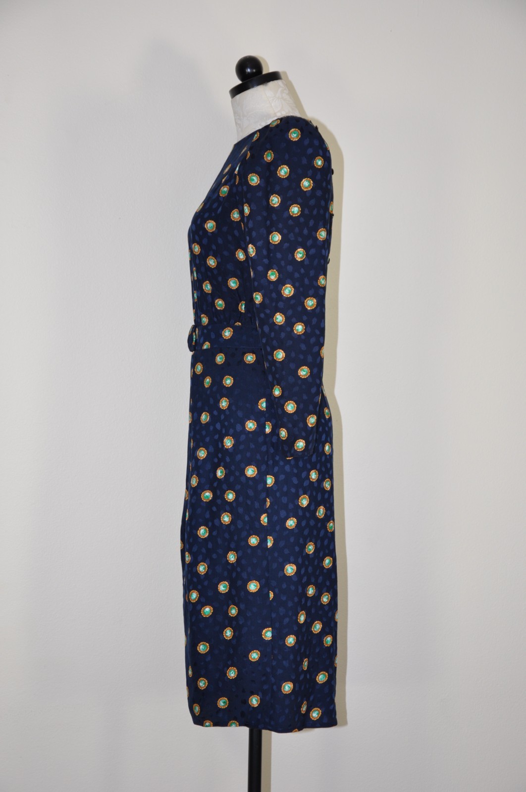 80s Vintage Navy Blue Silk Gemstone Print Puff Sleeve Back Buttons Dress Women S