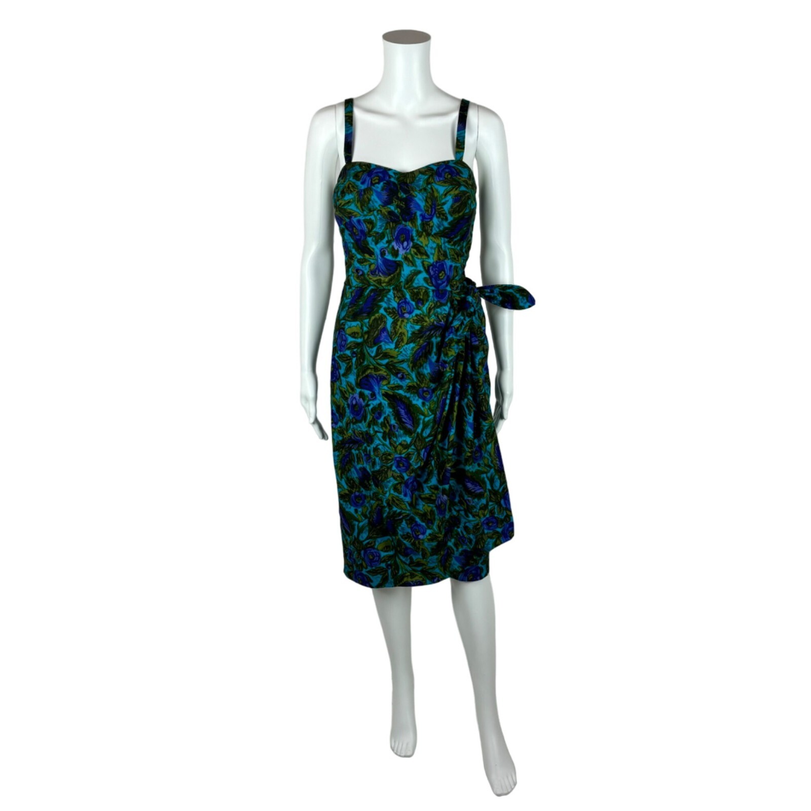 Vintage 1950s Sarong Dress Women’s XS Blue Green Floral Wiggle Hawaiian Tiki