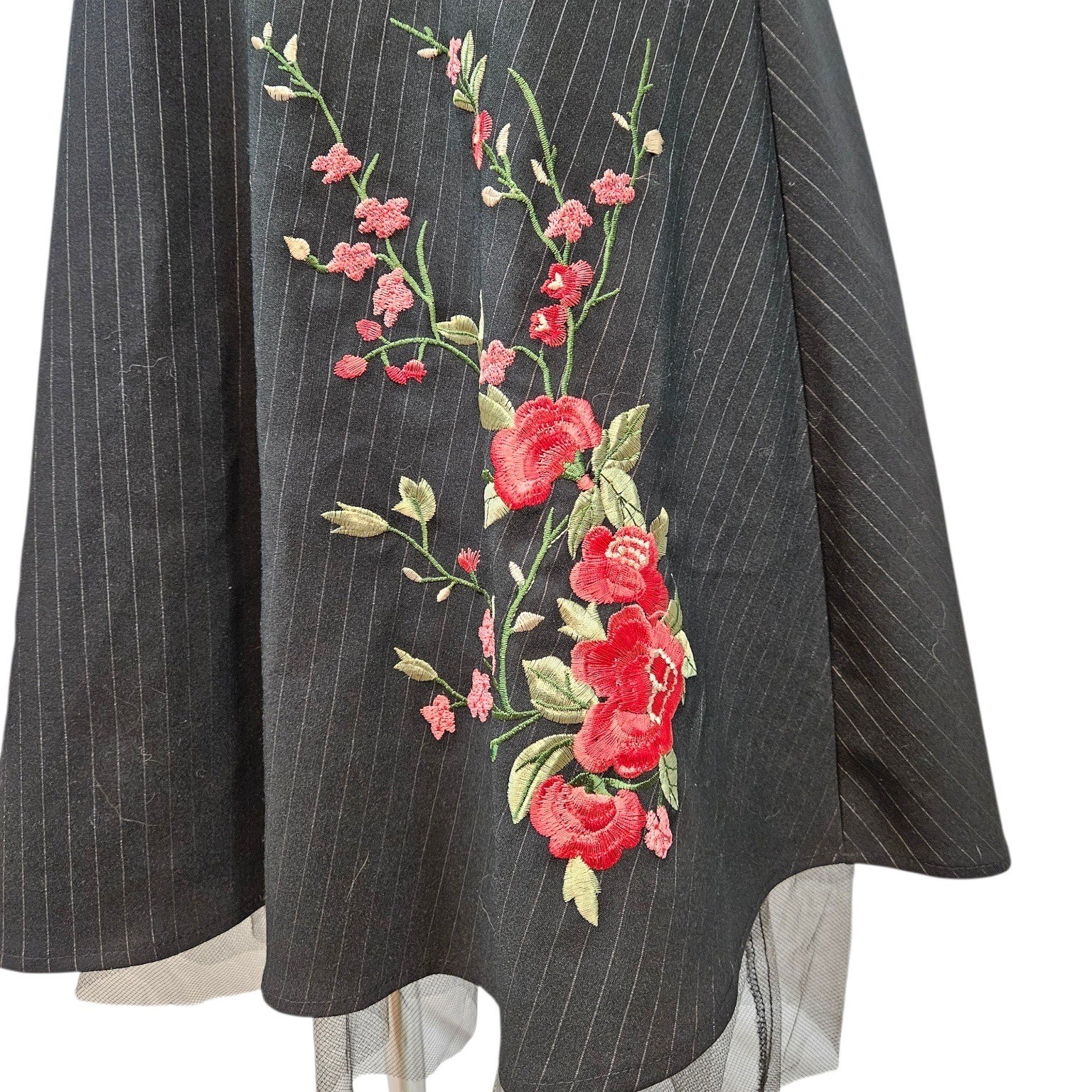 Vintage La Belle Pinstripe Strapless Midi Dress Floral Embroidery Black Red USA