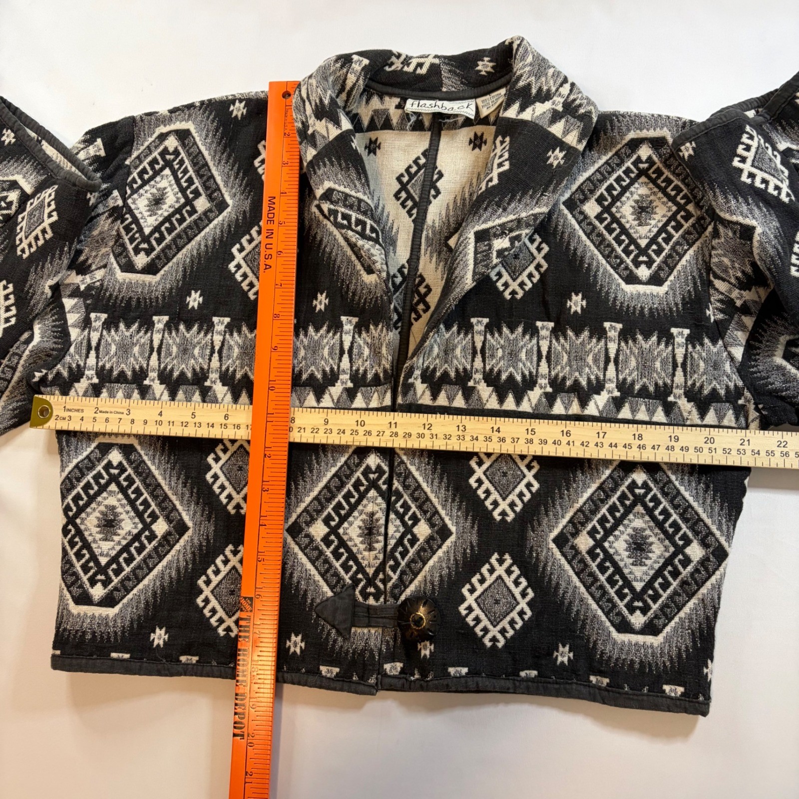 Flashback Vintage Southwestern Cropped Jacket Black White Woven Cotton Large