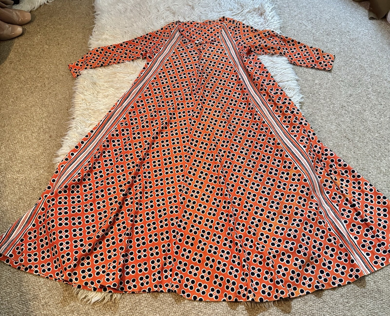 Vtg 60s 70s Orange Navy Caftan Maxi Hostess Dress Gown Plunge Zipper Pocket Pop
