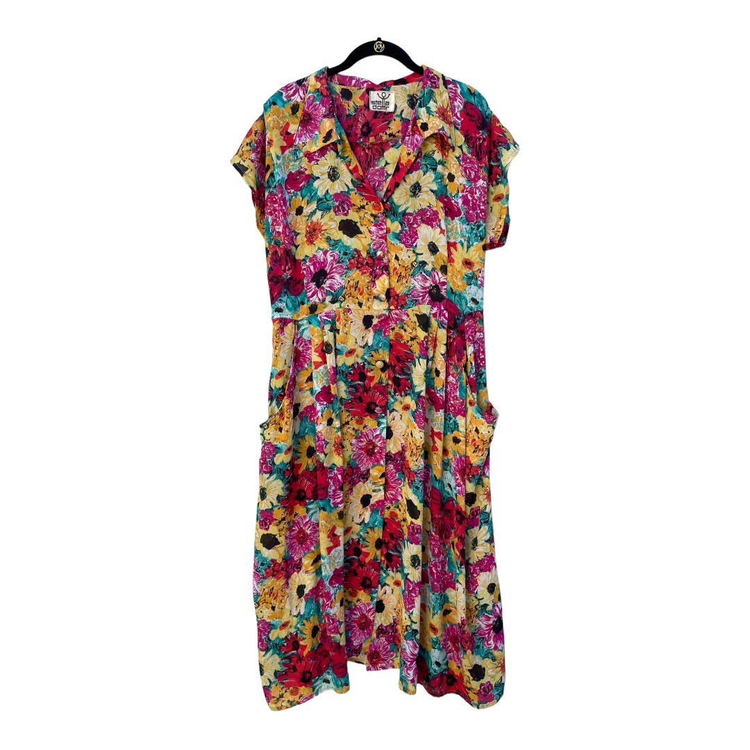 Stella Dottir Vibrant Floral Print Semi Sheer Button-Down Midi Dress Sz 8