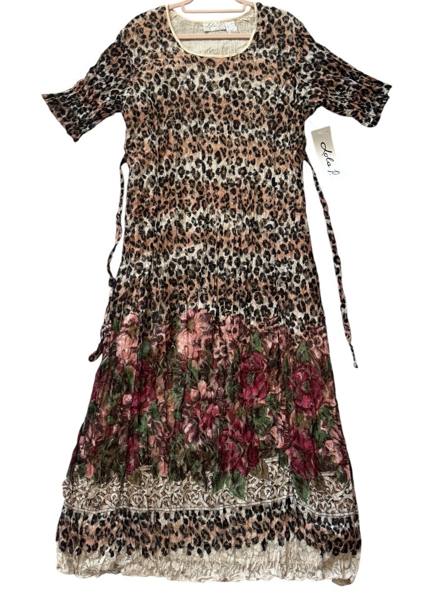 Women’s XL 90s Lola P. Leopard Floral Crinkle Viscose Dress Boho Cottagecore