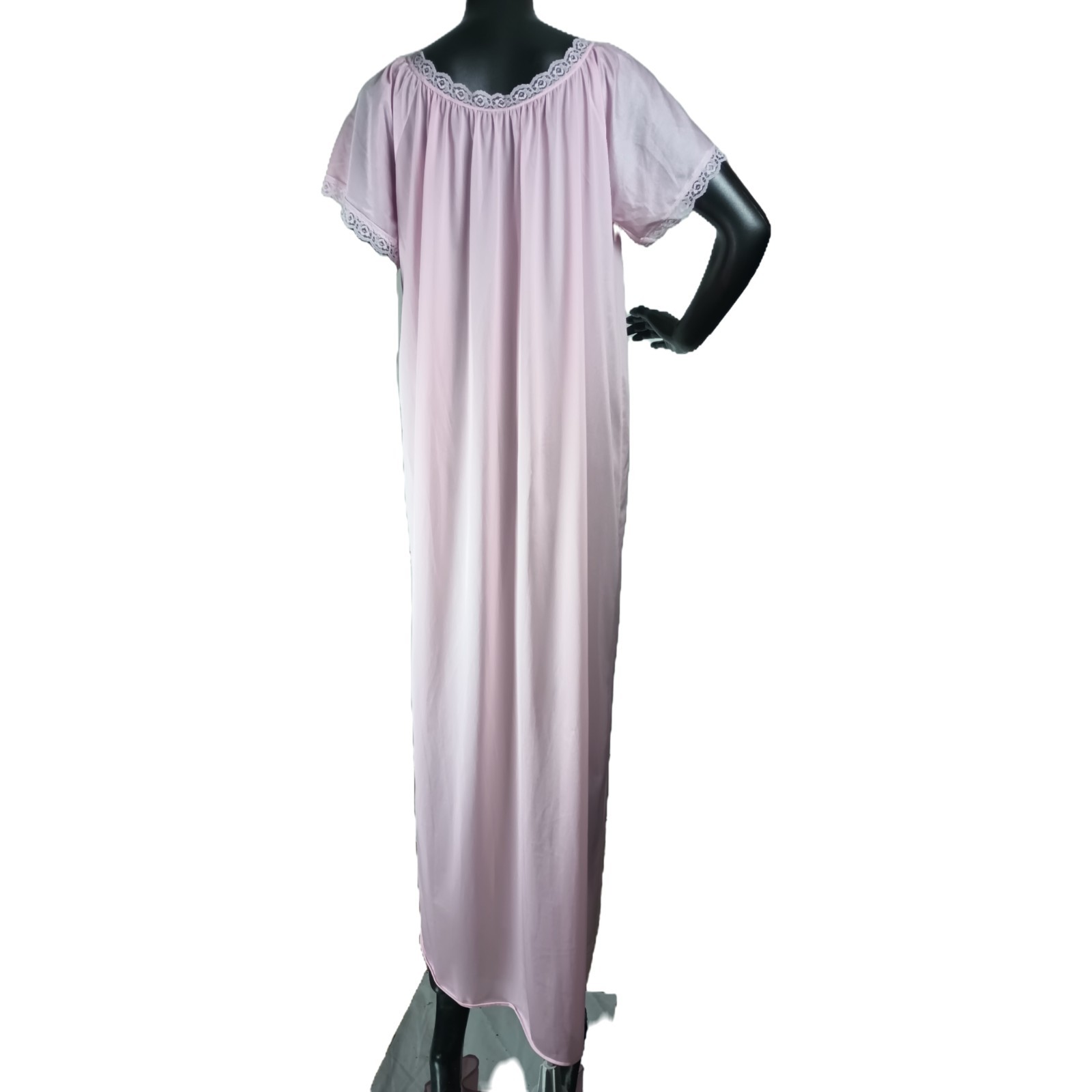 Vtg Sheer Pink Full Length Nighty With Rose Lace Trim Peasant/Baby Doll Size L
