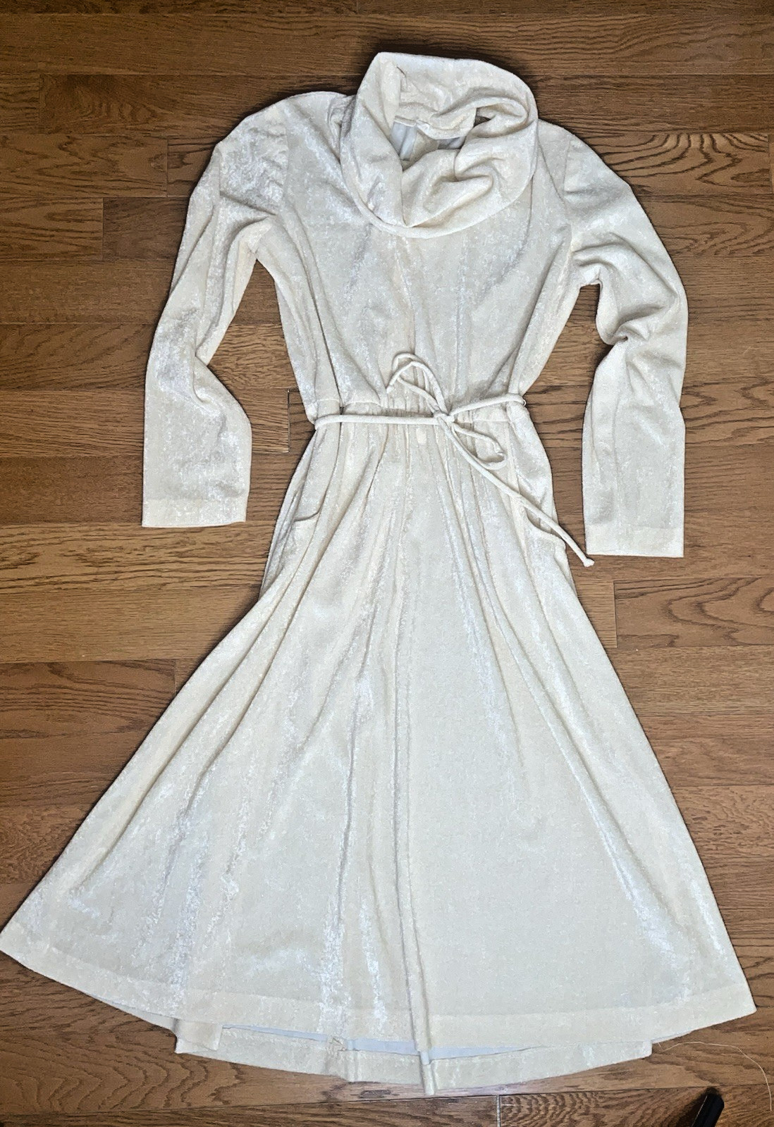 70s Unbranded Beige Sheen Cowl Small Fit Flare Belted Geek Secretary Midi Dress