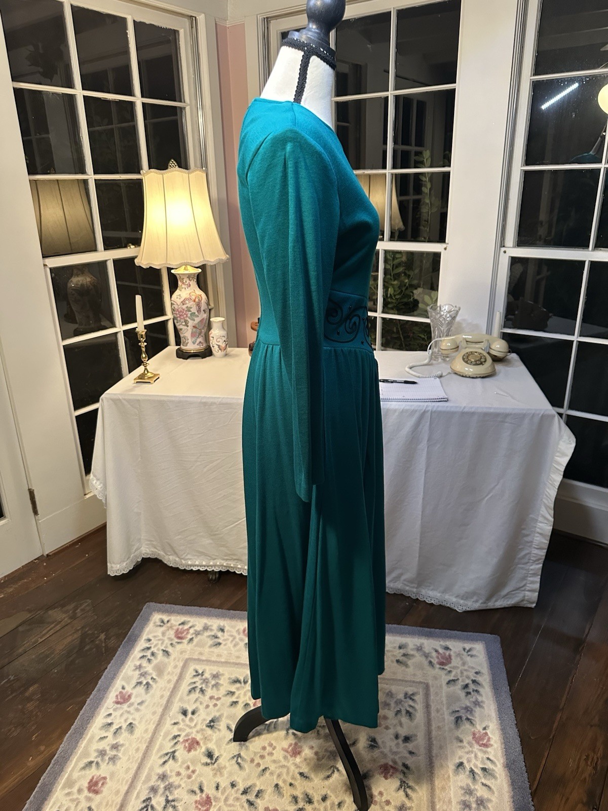Vintage 80s Long Sleeve Green Dress Elegant Waist Pockets Fit To Flare Rodeo
