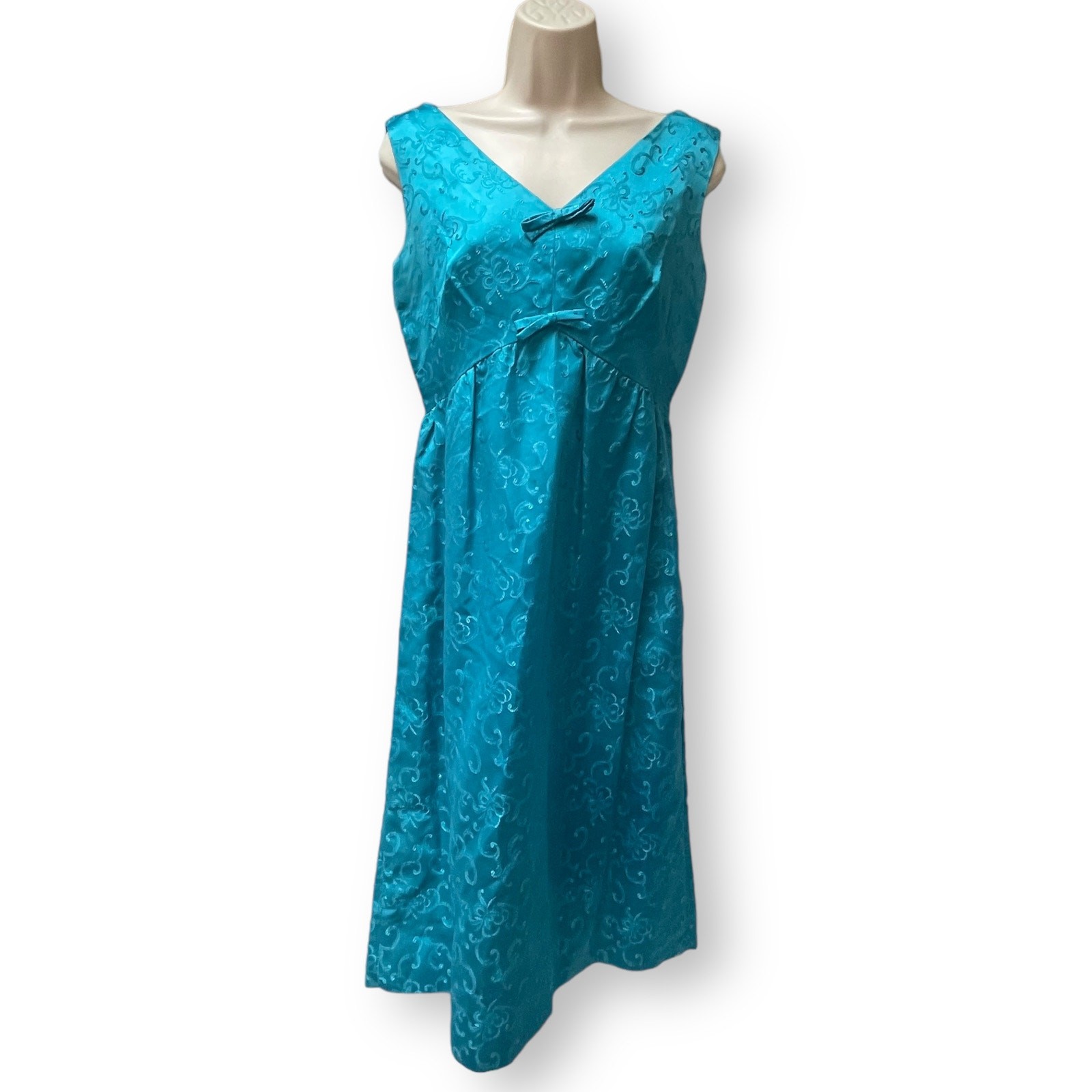 1960’s Empire Waist Teal Blue Chinese Floral Brocade Sleeveless Dress With Bows