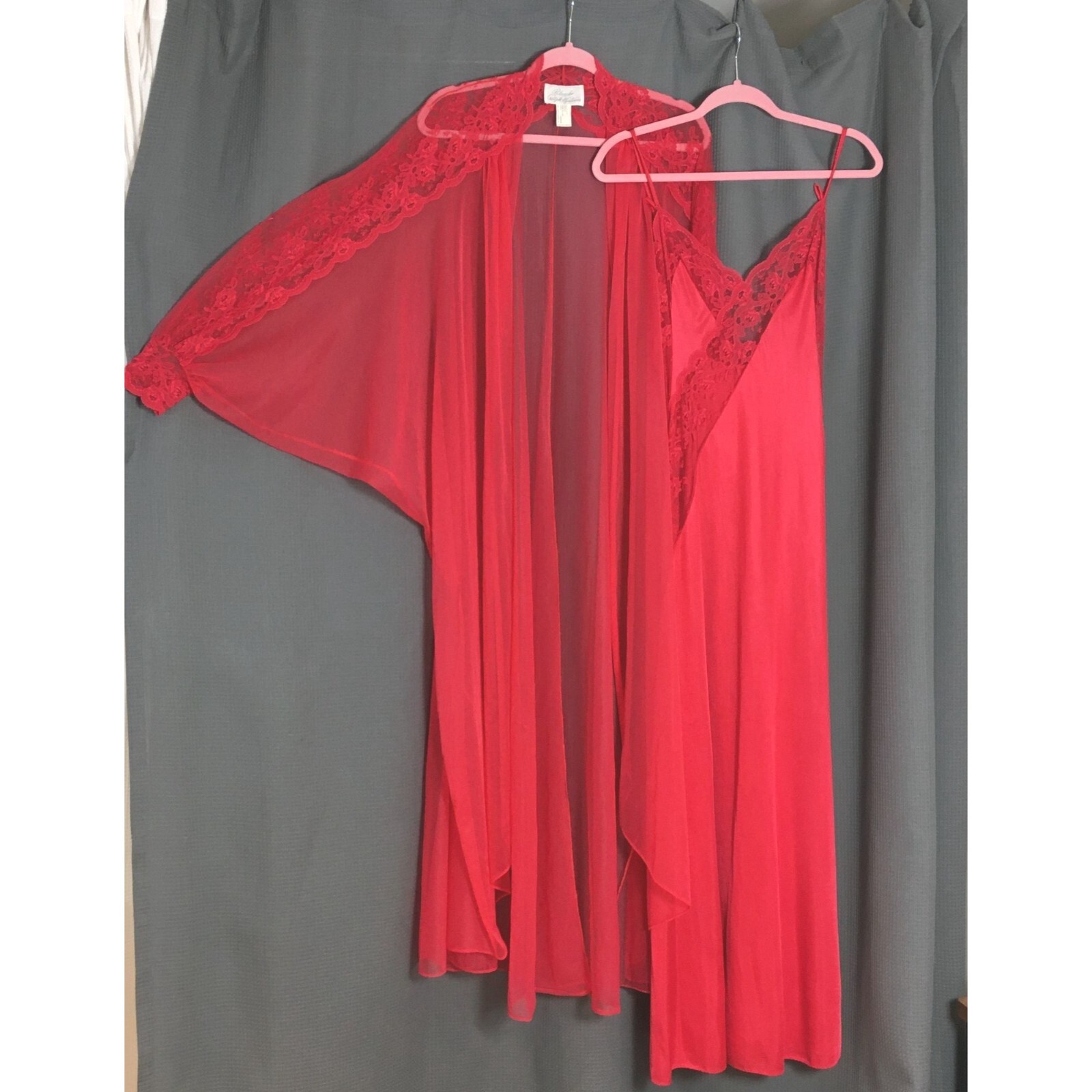 Vintage M Red Peignoir Set Ralph Montenero Nightgown Robe Amazing Batwing USA