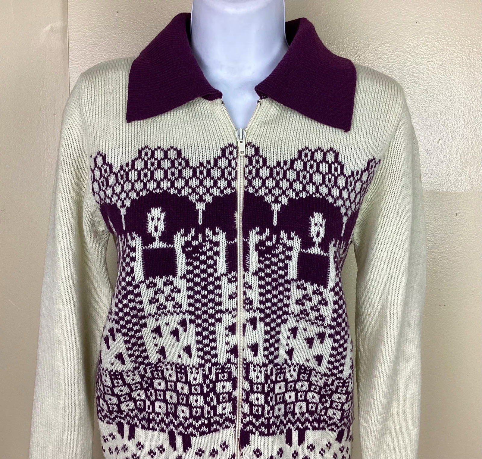 Vtg 70s Full Zip Sweater Jacket Purple Cream Color Women’s S Knit Pattern