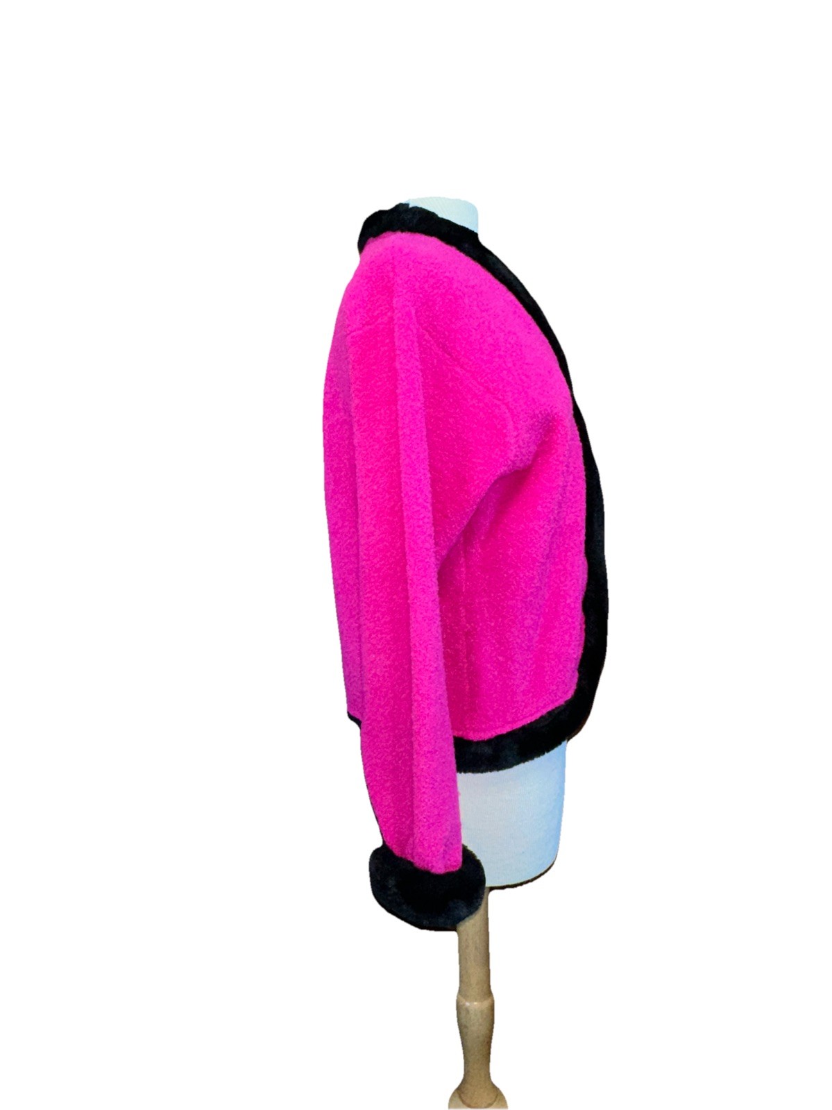 VTG Inspired By Bellepointe Fuscia Lambs Wool Cardigan Black Faux Fur Trim NICE
