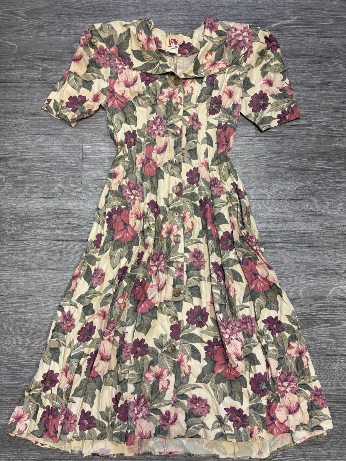 KATIE MFG Beautiful Floral Puff Sleeve Vintage 80s Dress Size 6 Made In USA