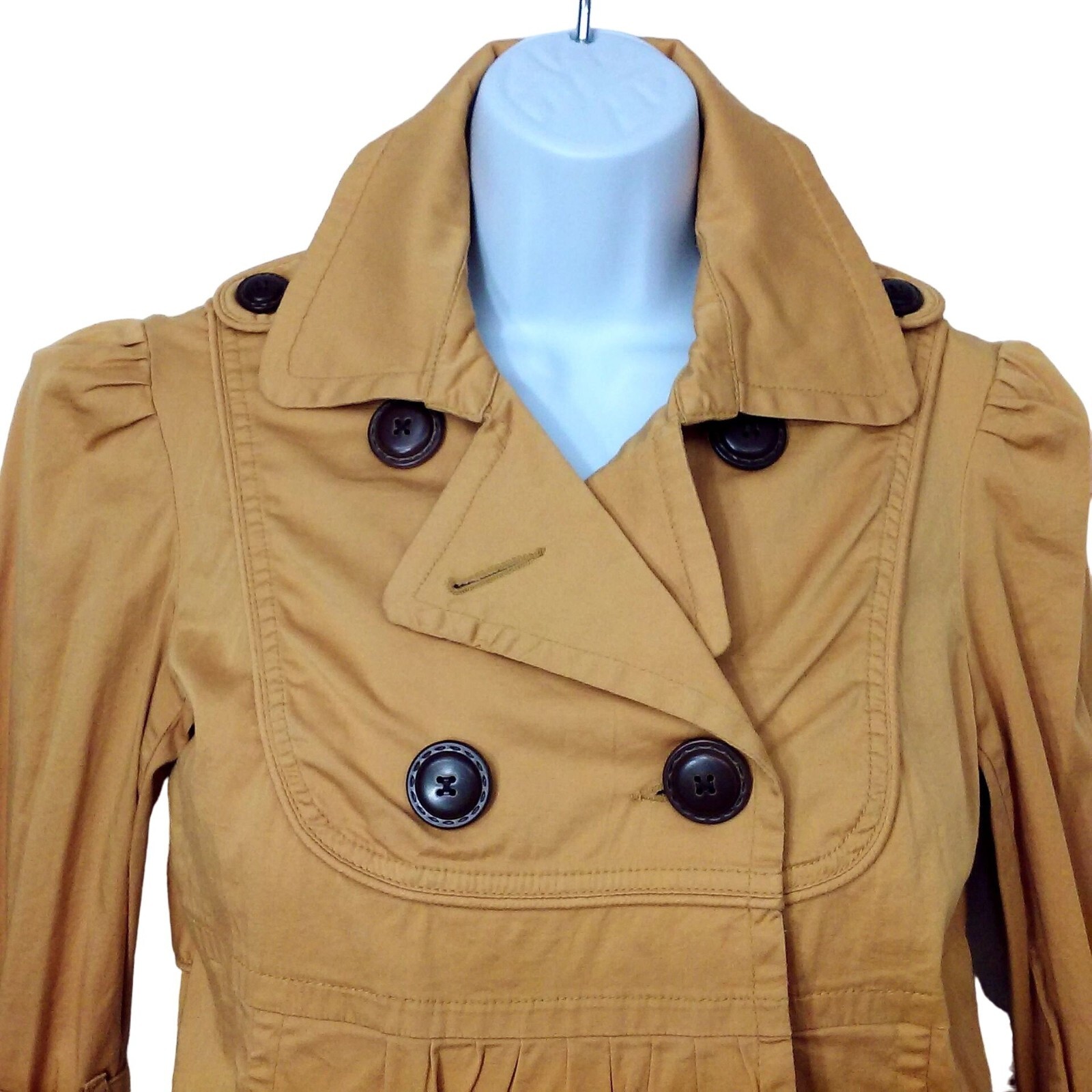 Vintage 90s American Rag Pea Coat Crop Jacket -S Pockets Buttons Safari Mustard