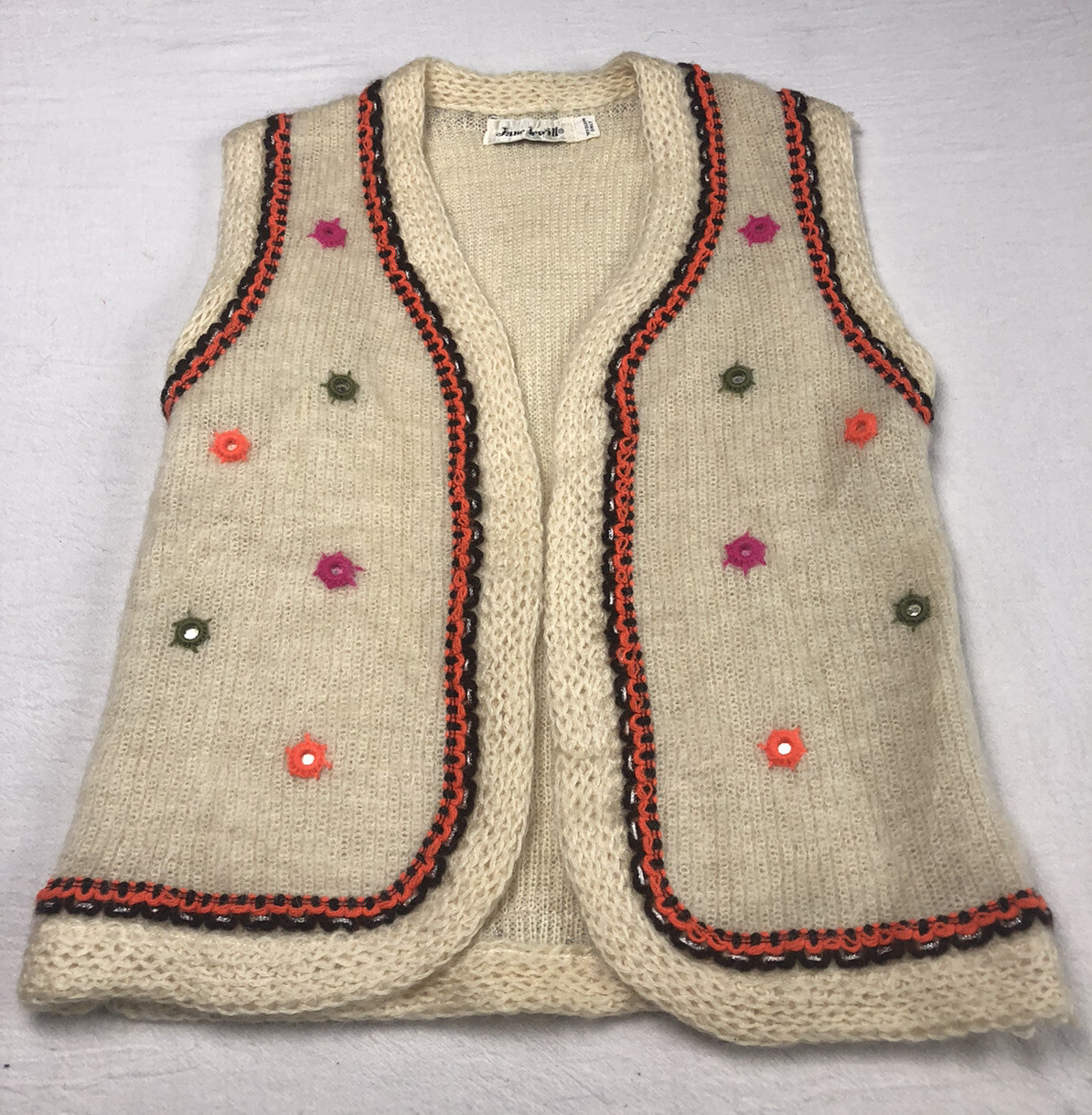 Vintage Jane Irwill Beige Open Wool Sweater Cárdigan Knit Beige Colorful