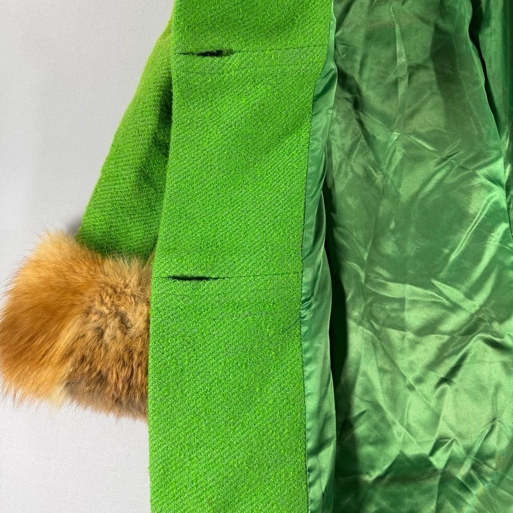 Vintage Green Wool Fur Collar Coat With Yellow Buttons