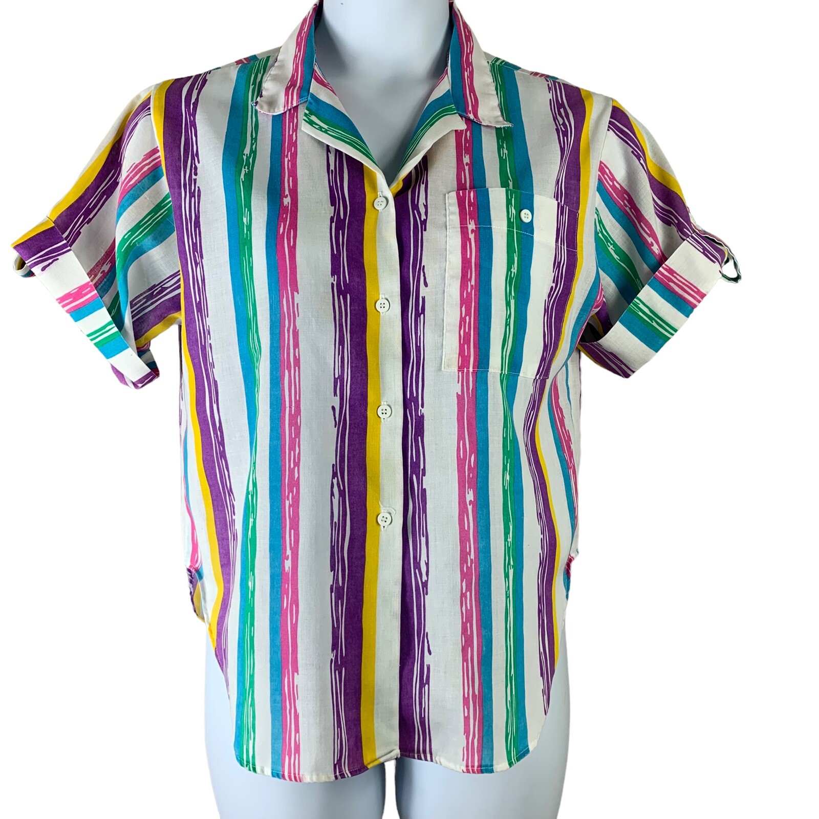 Vintage Blouse Size 12 Button up White Multicolor Stripes Short Sleeved Oak Hill