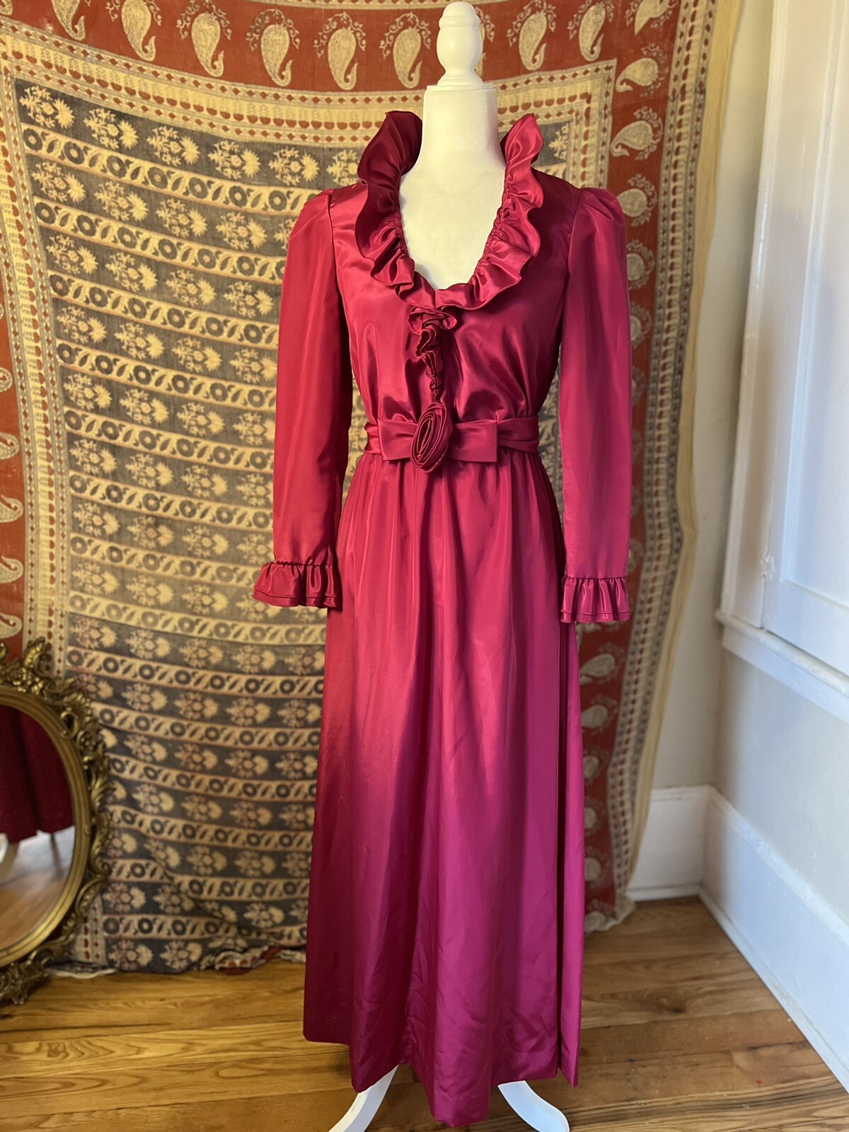 Vintage Emma Domb 1970s long sleeve merlot red satin maxi dress Ruffle Small