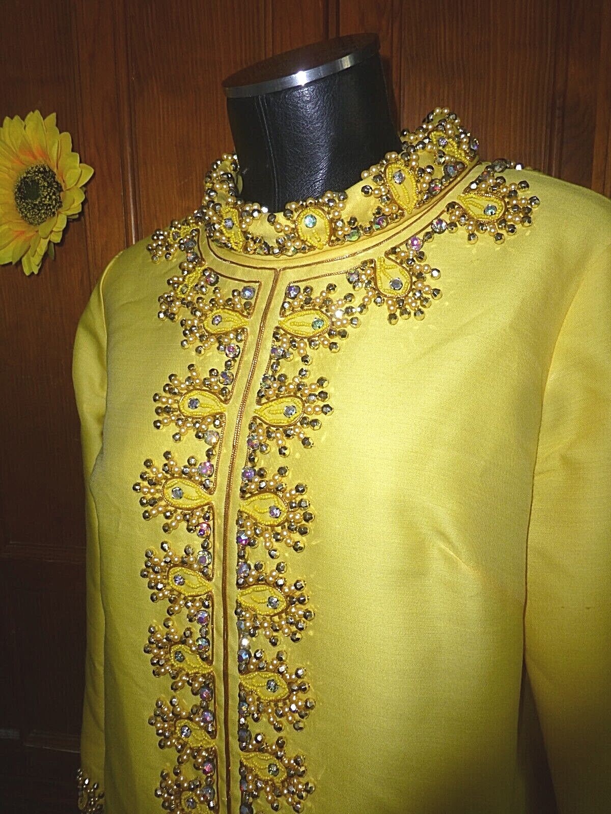 Vtg 60s Yellow Silk JEWELED Rhinestones Pearl Embroidery Cocktail Wedding Dress