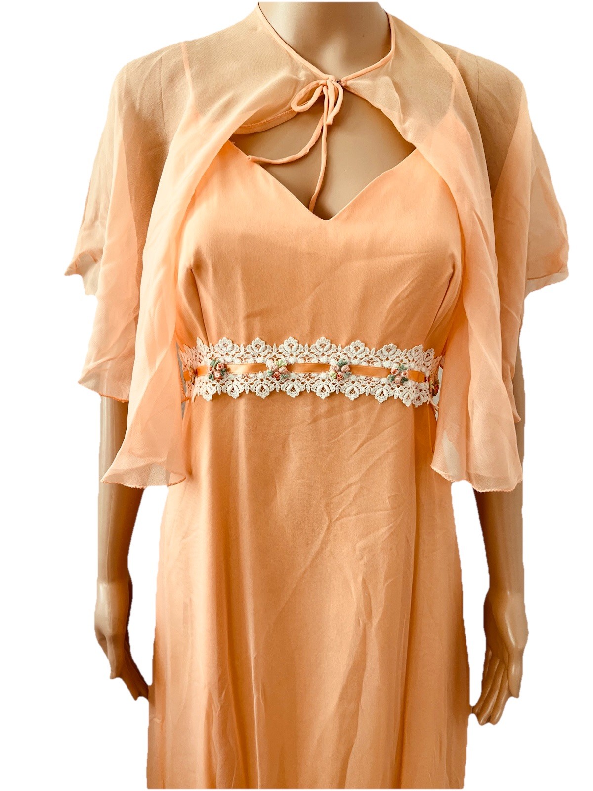 VTG 60s Peach Chiffon Maxi Dress Capelet Floral Lace Ribbon Trim Hemline Damage