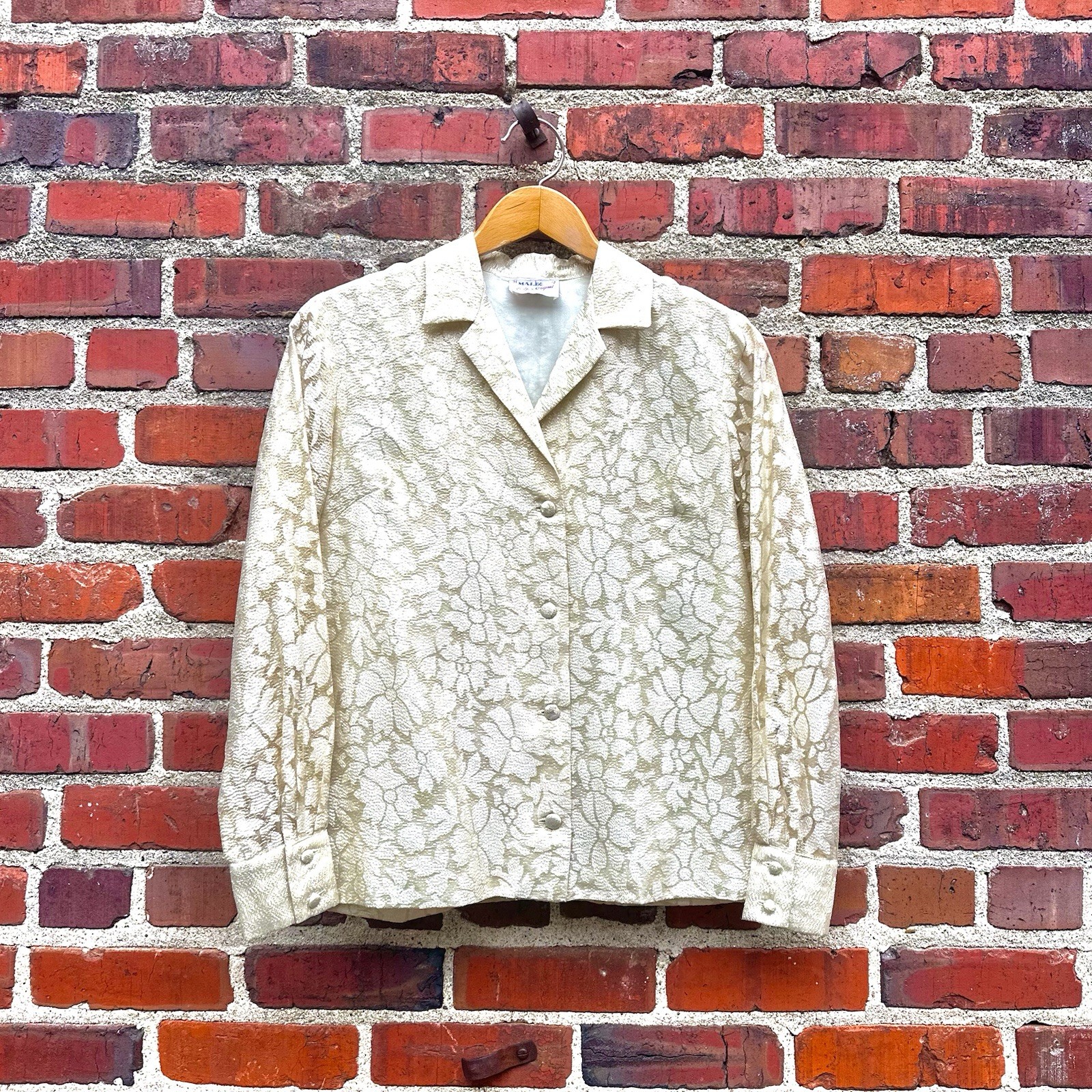 Vintage Malbe Original Lace Blouse Cream Gold Metallic Accent Sz 11 12 RN 10609