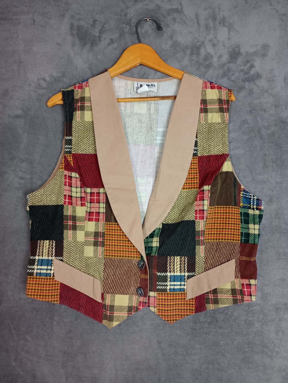 Vintage Patchwork Vest Country Western Hippie Cotton Extra Large 70s Blue Grass