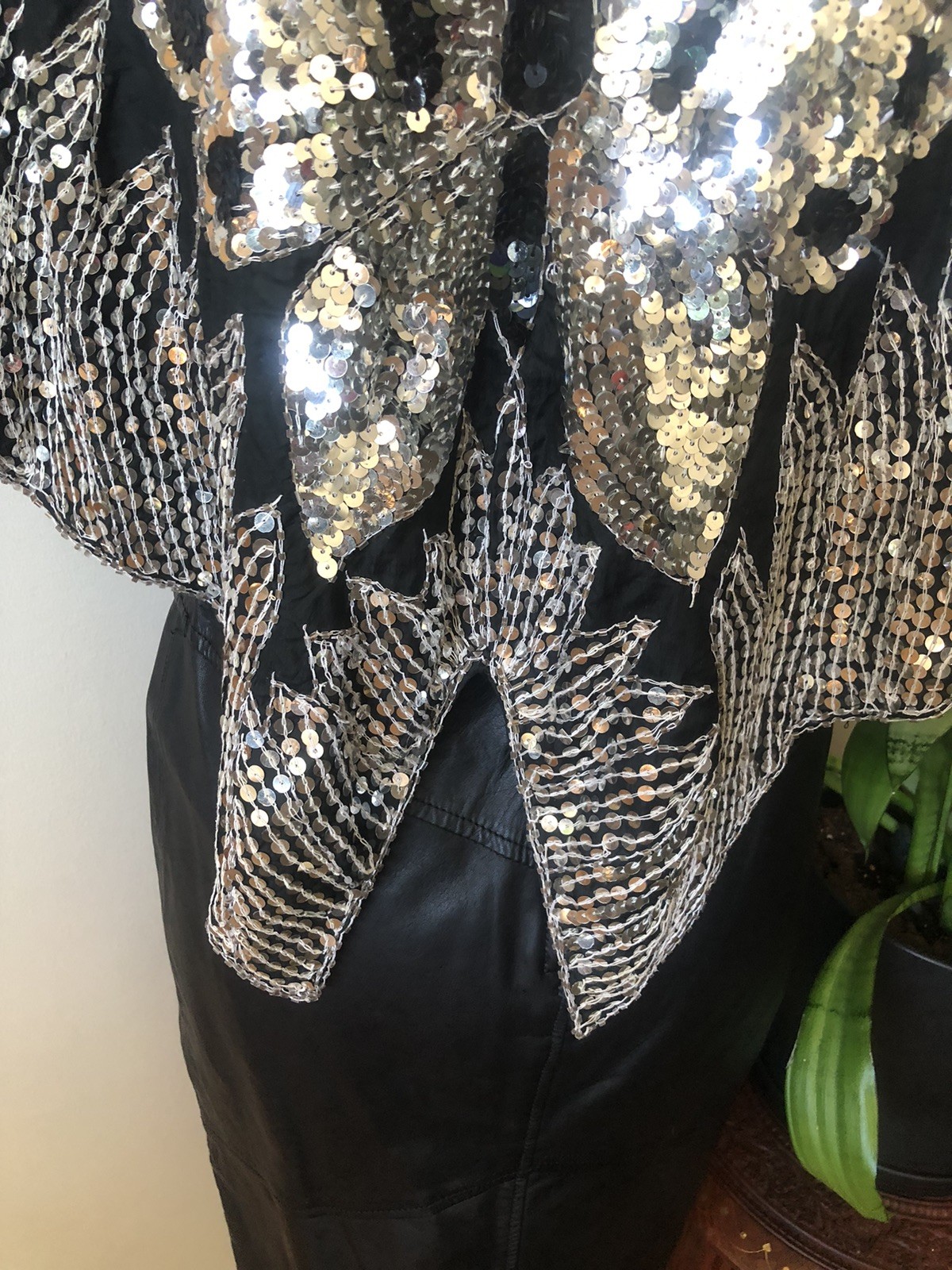 Vintage 1970’s-1980’s Silver And Black Sequin Butterfly Pullover Poncho Capelet