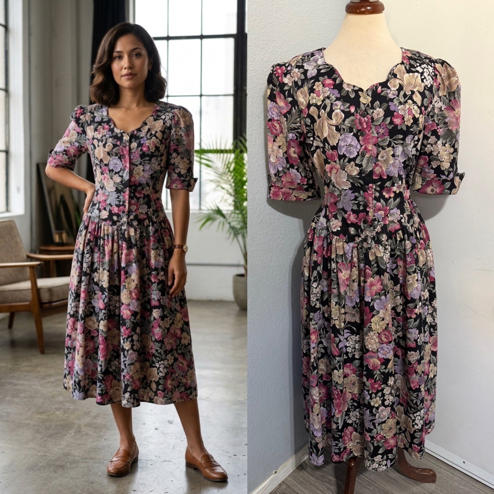 Miss Dorby Vintage 90s Floral Midi Dress L Black Purple Button Front USA Made