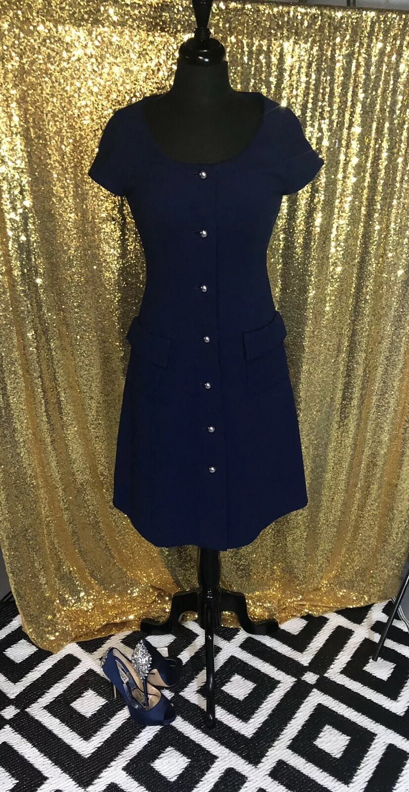 ADELE MARTIN – Vtg 60s Wool Blue Knee-Length Dress Wt Silver Buttons Sz S