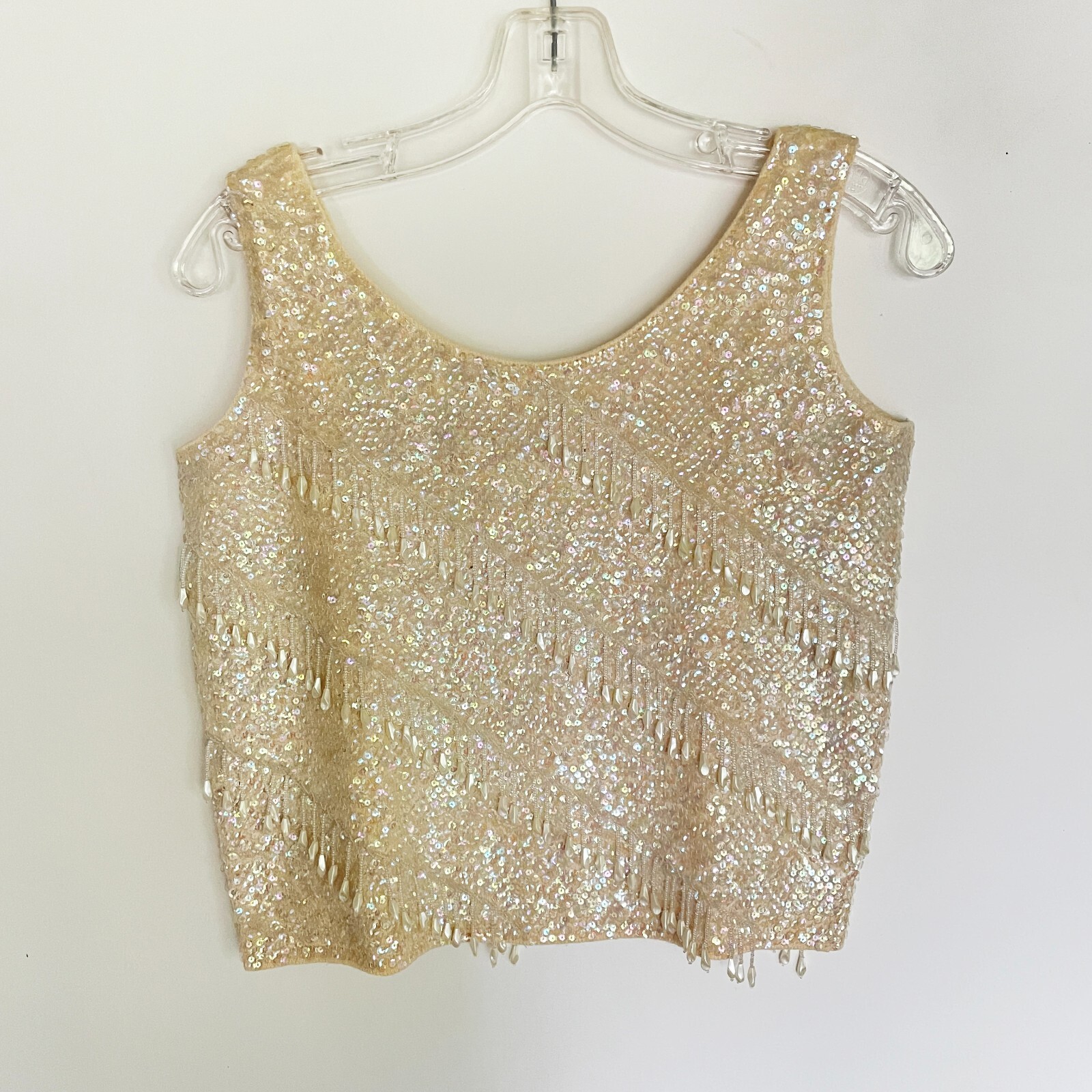 Vintage Sequined Cocktail Tank Top/Shell w/Beaded Tassels – Size SMALL – Ivory